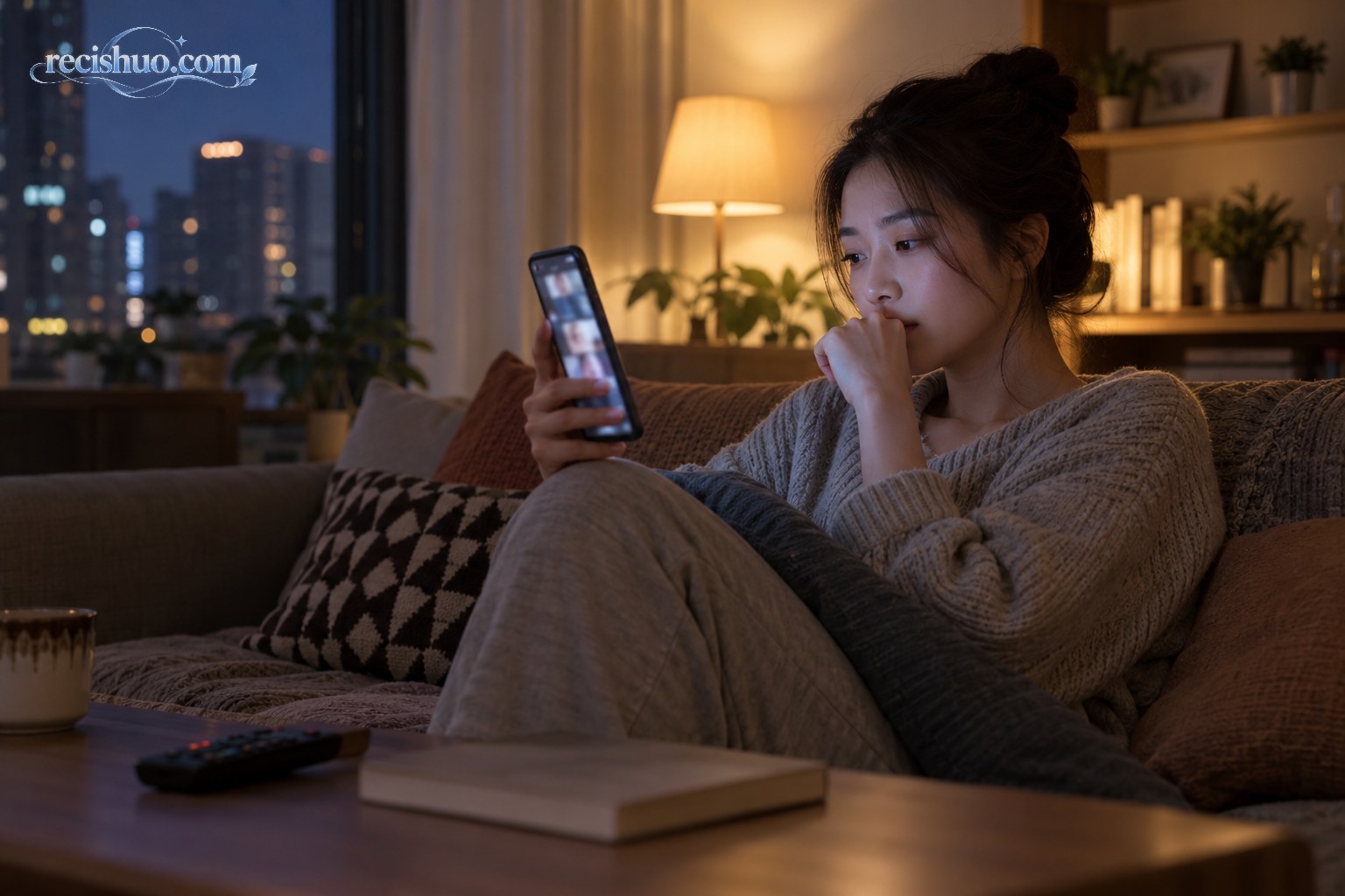夜晚坐在客厅观看手机短剧并陷入思考的年轻观众