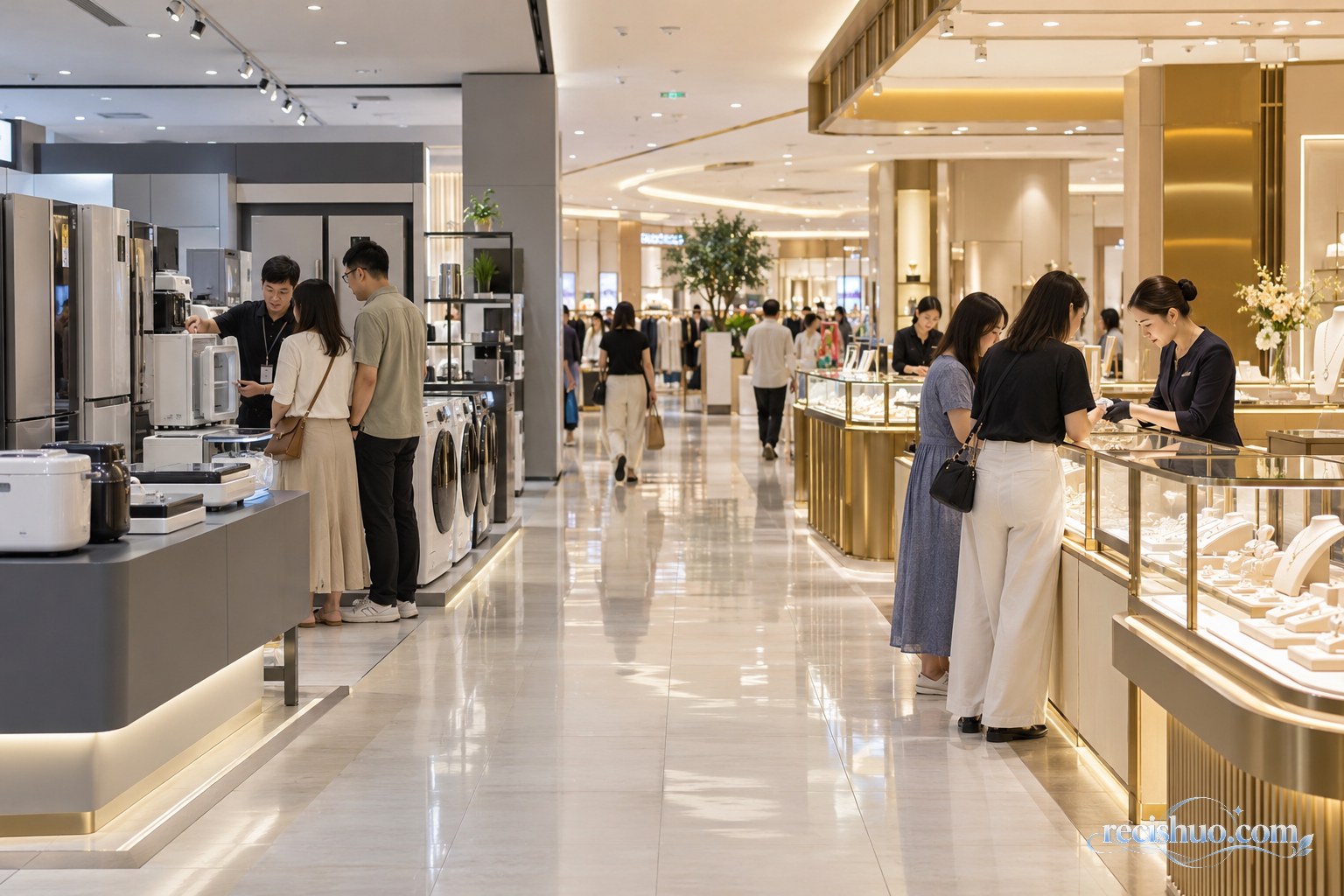 顾客分别在家电展示区和珠宝柜台咨询选购