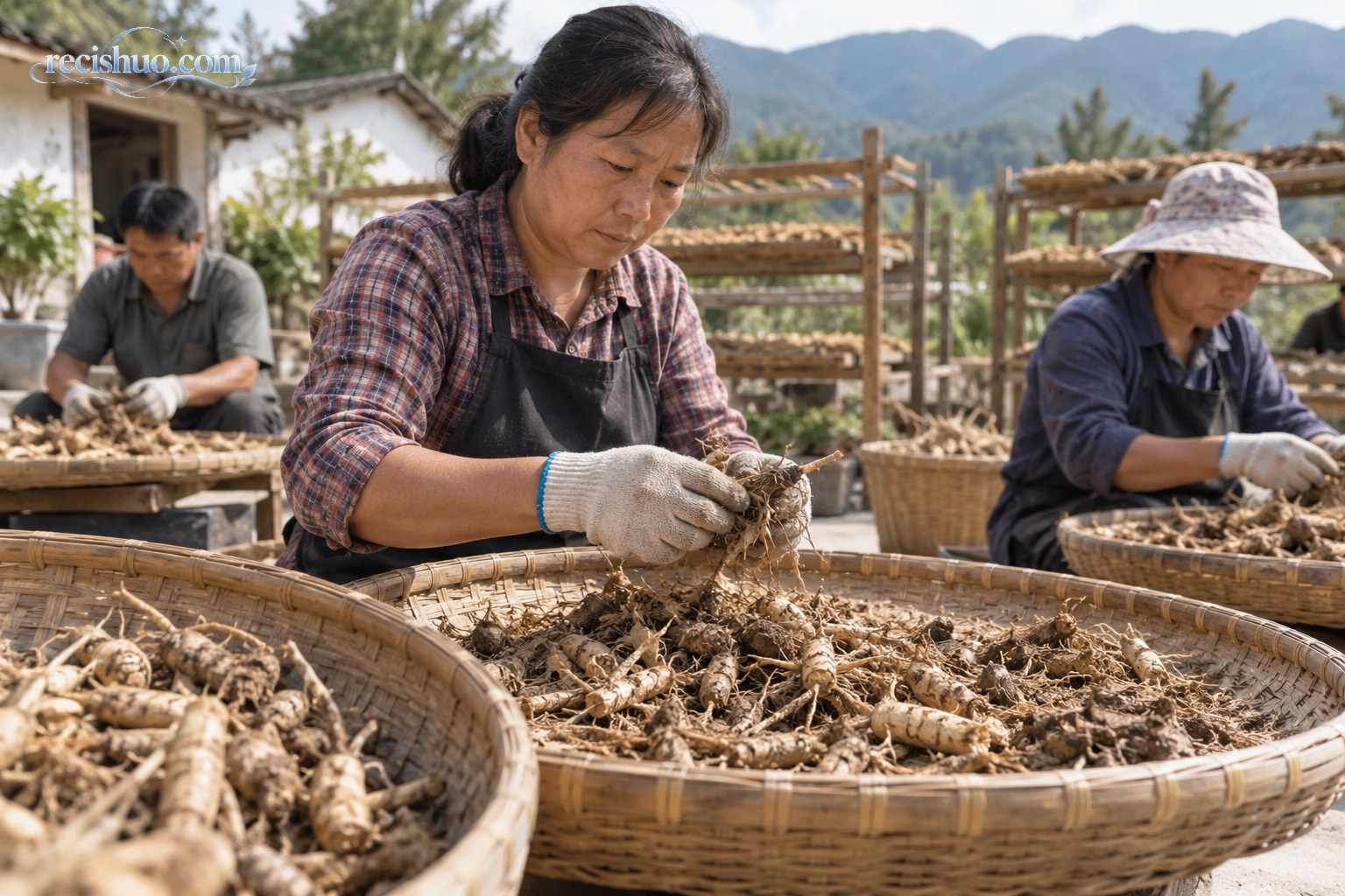 乡村院落中,劳动者使用竹筐分拣和晾晒采收后的根茎类药材