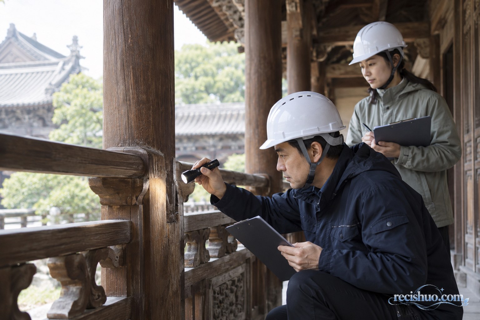 文物保护人员检查古建筑木质栏杆连接部位