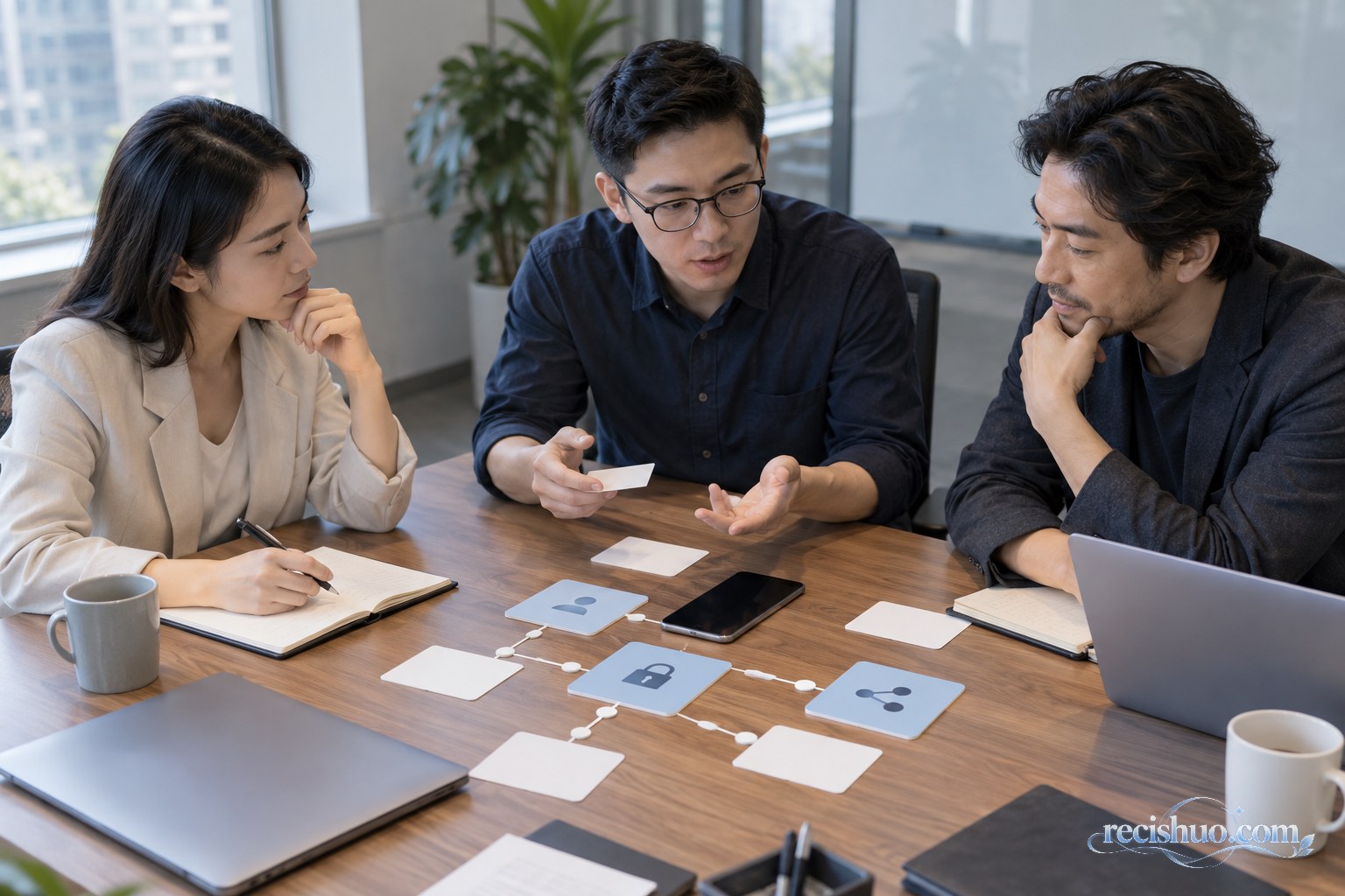 工作人员围绕手机、锁形卡片与流程节点讨论大模型服务治理