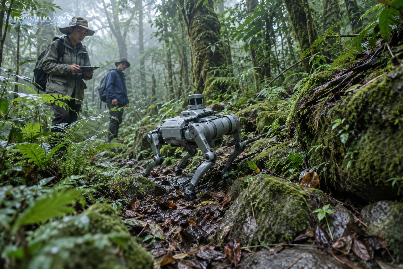 哀牢山湿润森林中,四足机器狗在科研人员观察下沿苔藓覆盖的山路前进