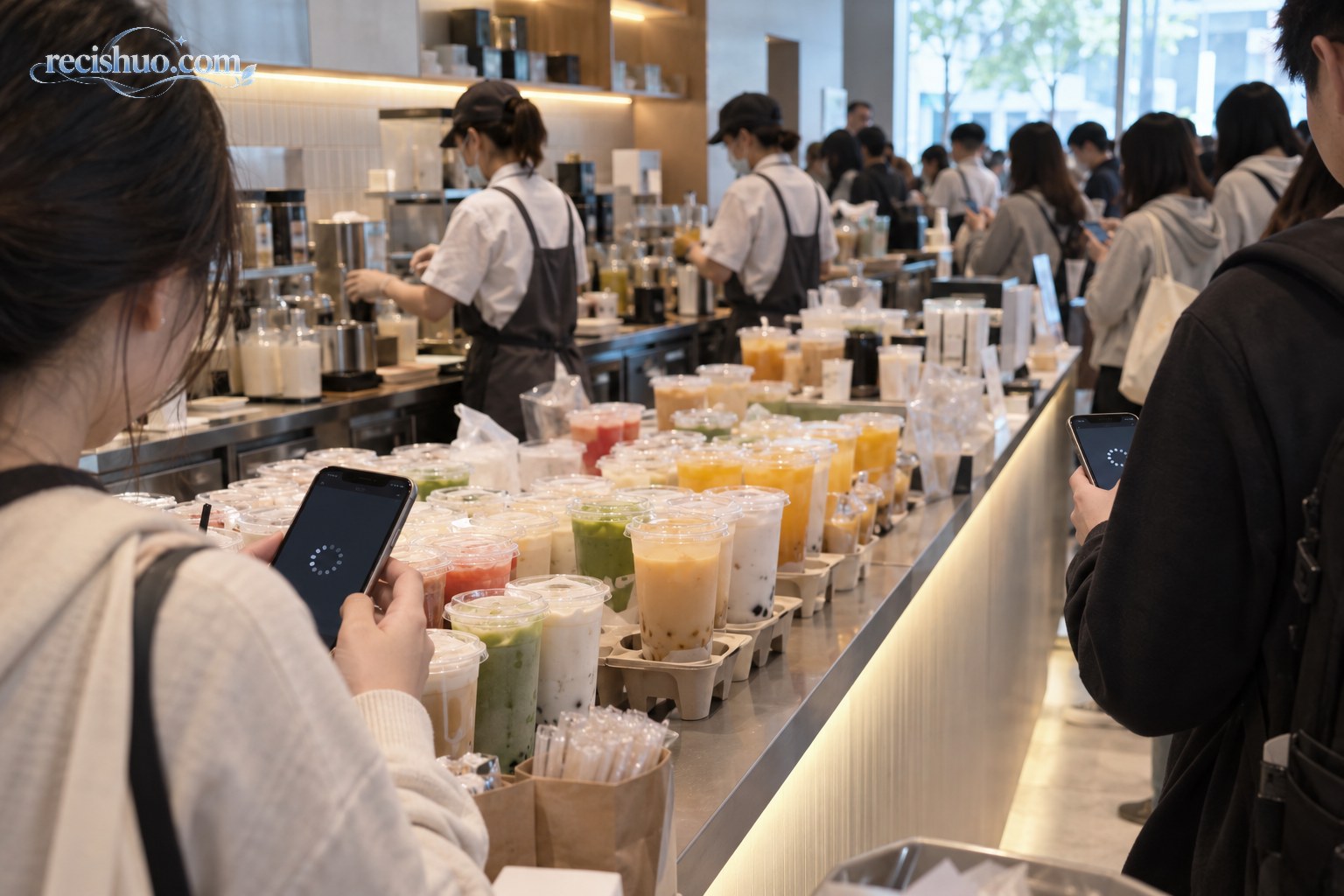 茶饮店取餐台摆满饮品,顾客查看加载中的手机并等待取餐