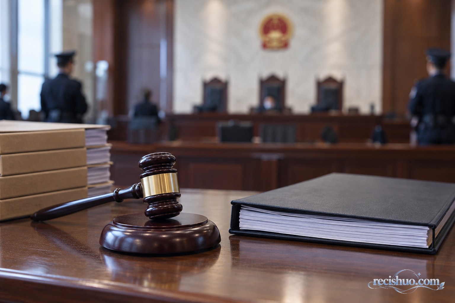 庄重法庭内的法槌、案卷与虚化审判席,表现司法机关依法追责