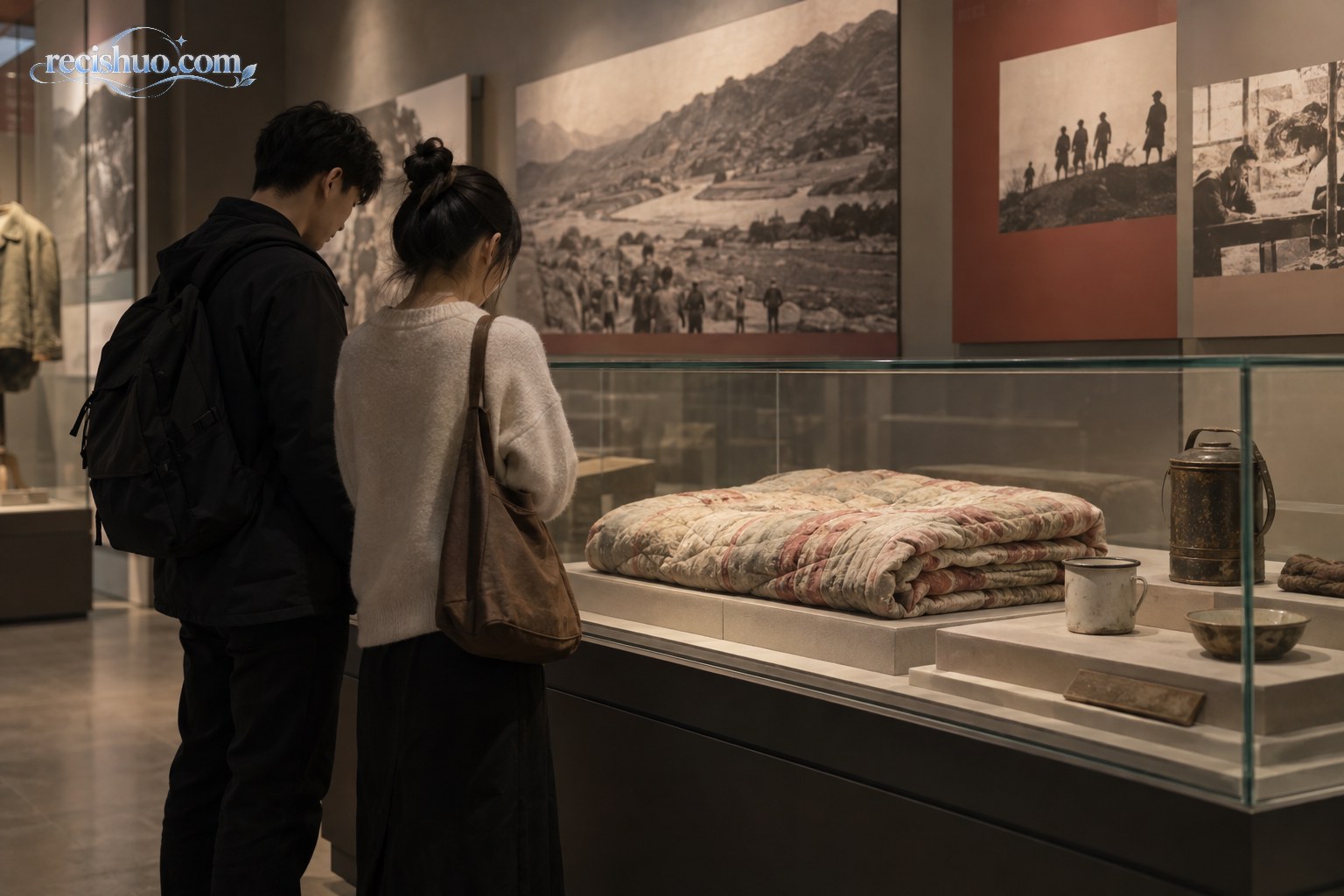 两名年轻参观者在纪念展厅观看旧棉被与生活器物展陈