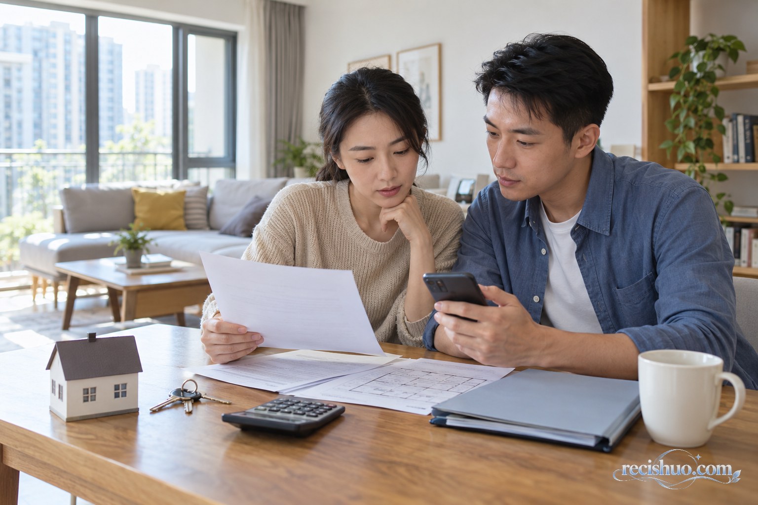 普通夫妻在家中查看住房材料并用手机核对公积金信息