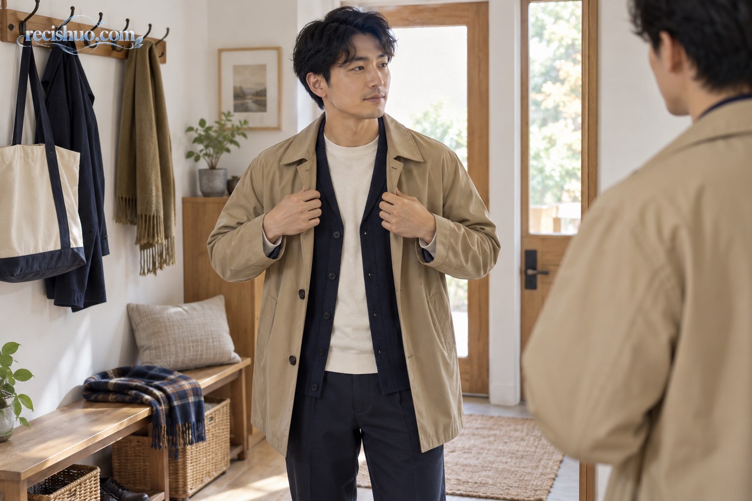 男子在玄关整理棉质长袖、针织开衫和轻便风衣组成的三层秋装