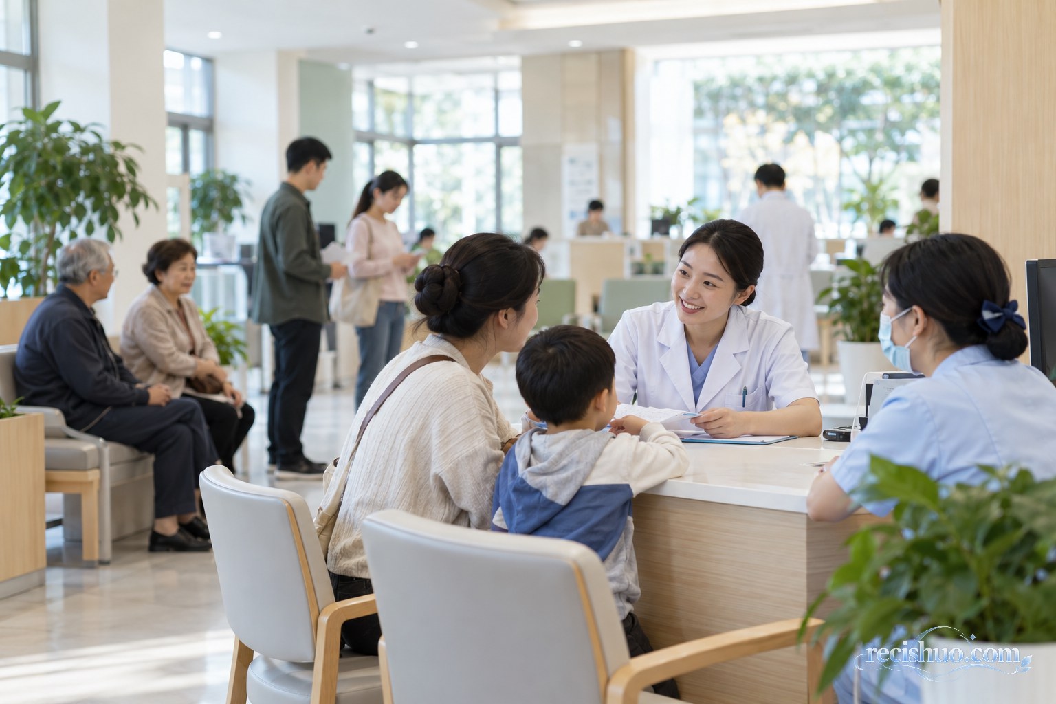 社区健康服务中心内医护人员为不同年龄居民提供咨询
