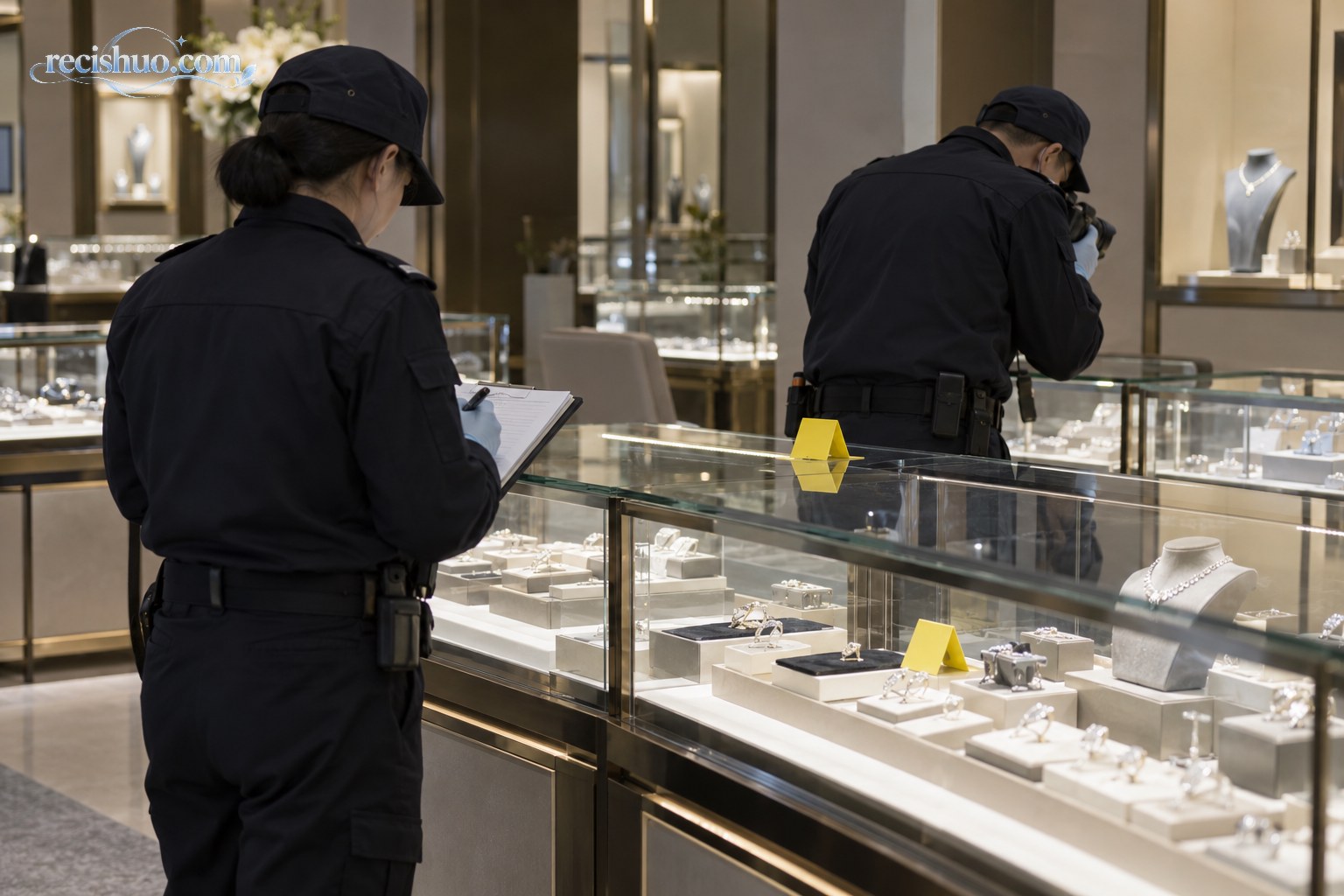 调查人员在珠宝店内查看展示柜并记录现场情况