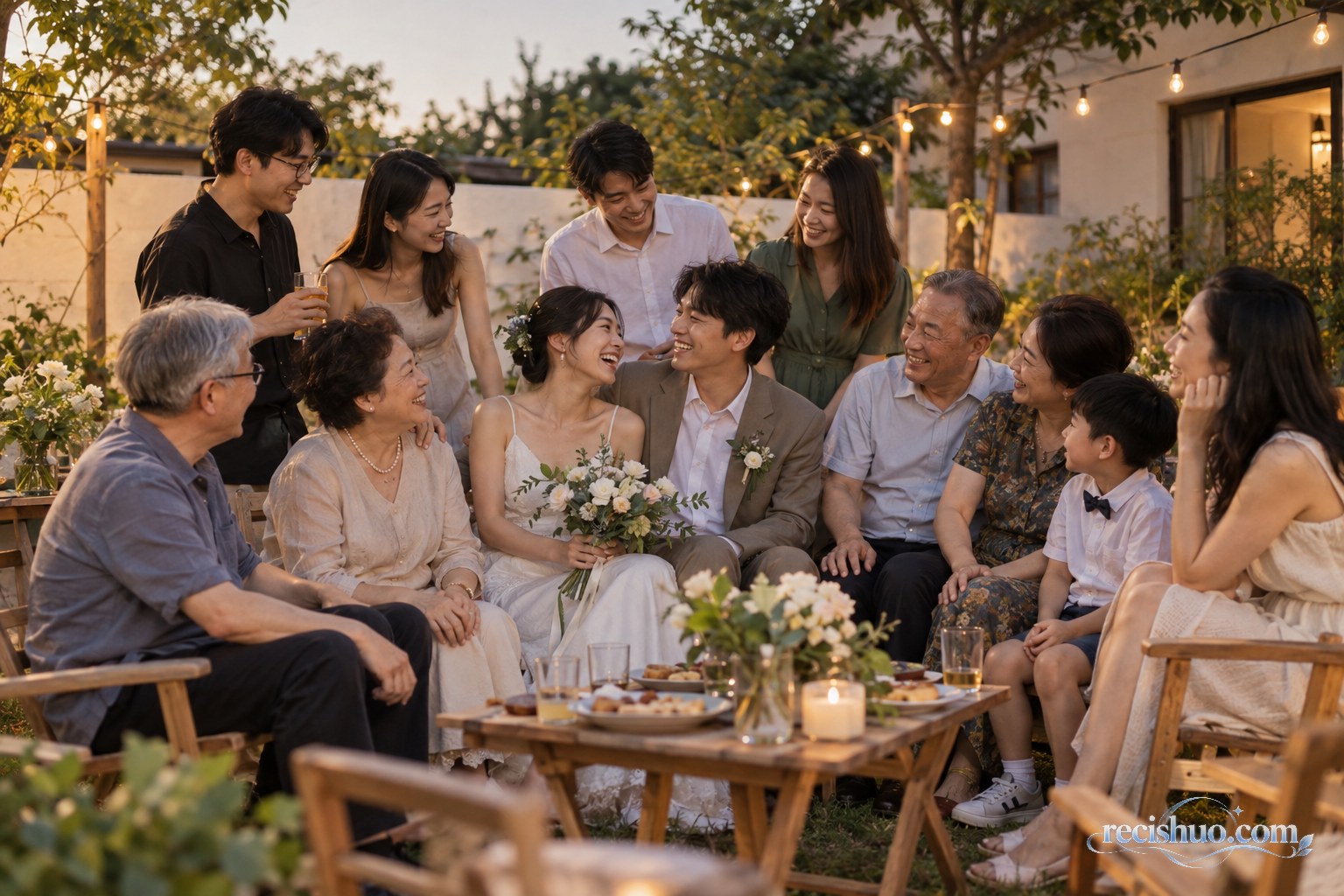 新人在小型庭院婚礼上与亲友自然围坐交谈
