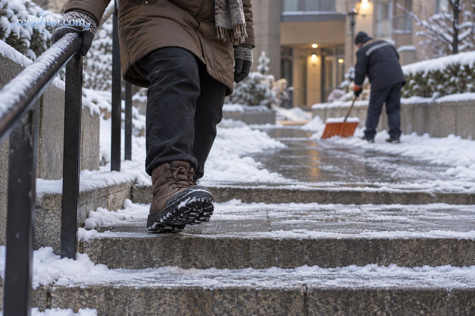 居民穿防滑冬靴扶栏杆走过薄雪台阶,工作人员在后方清雪