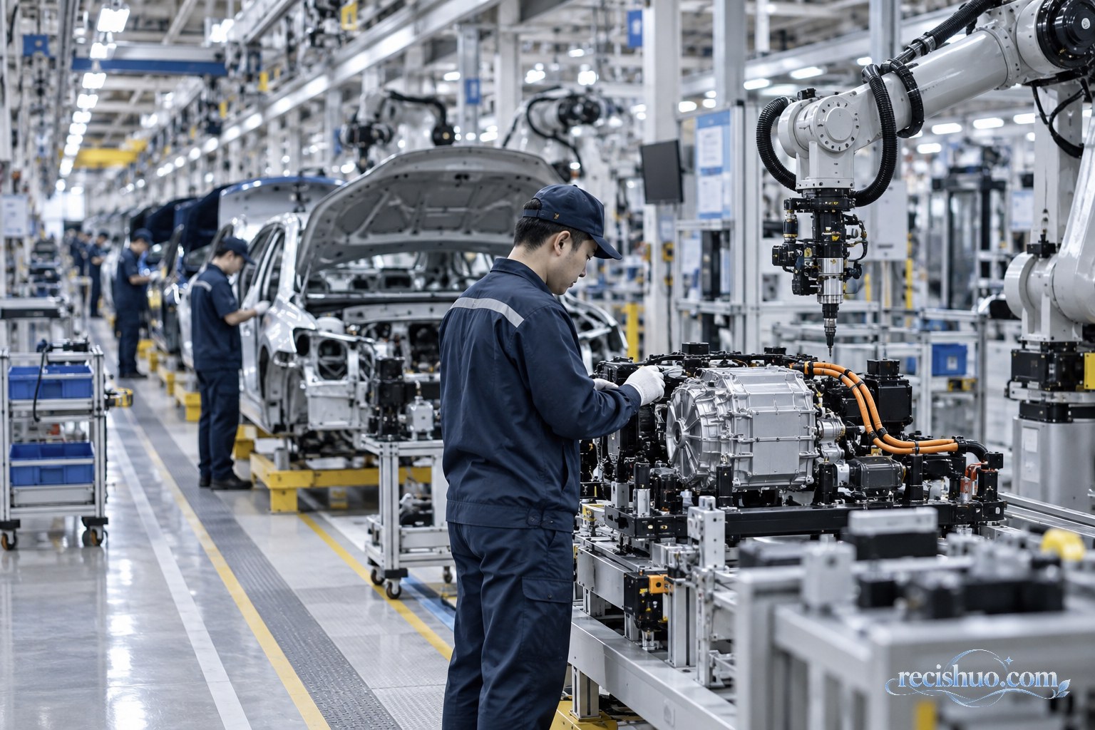 现代制造车间内技术人员正在检查新能源汽车关键部件