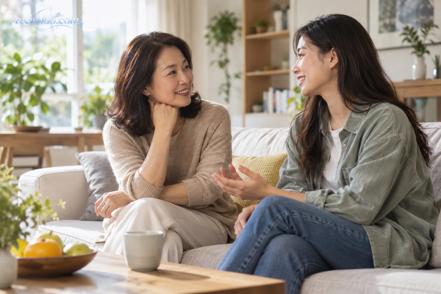 成年母女在明亮客厅中轻松交谈,呈现平等、开放的亲子沟通氛围