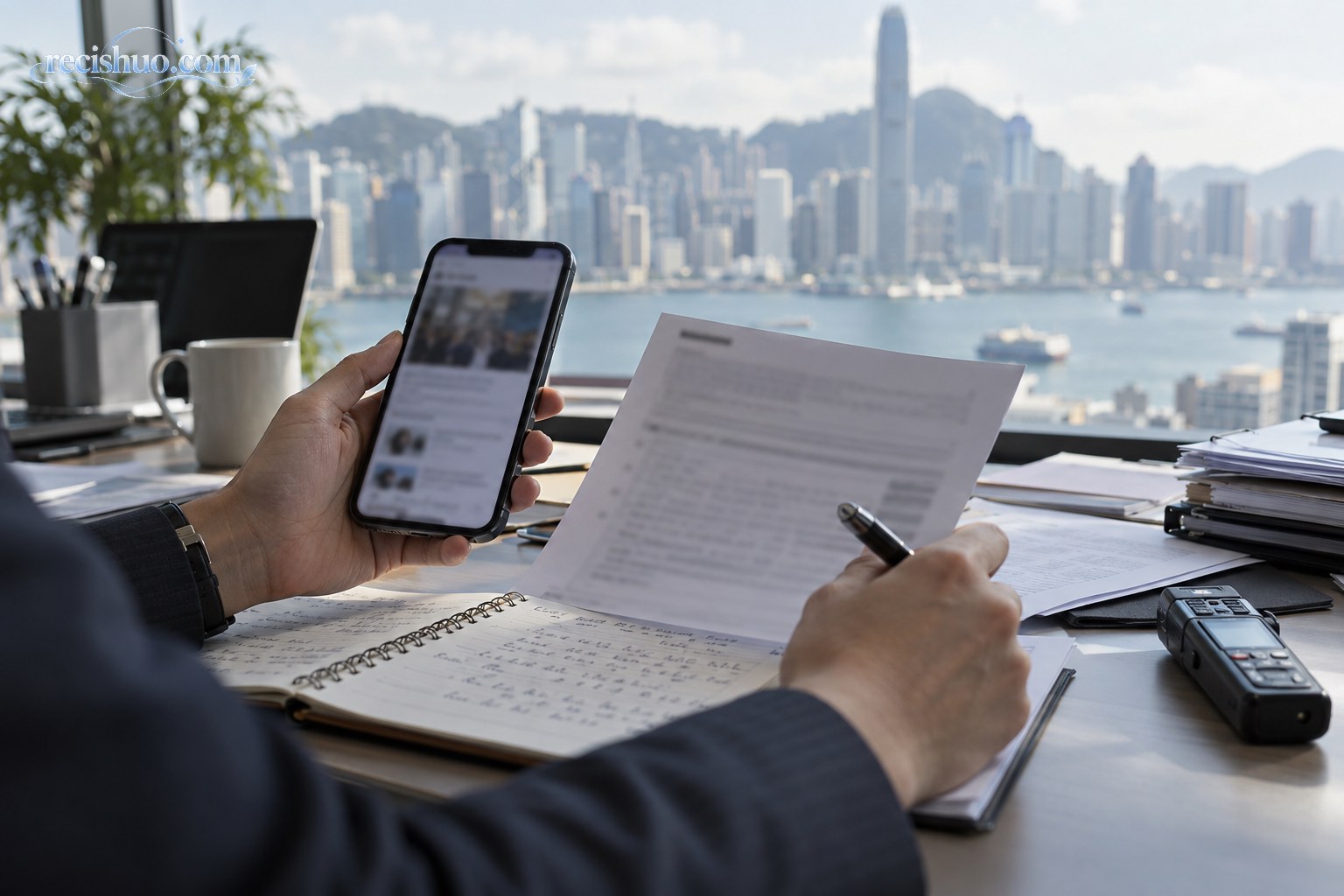 编辑人员在香港城市背景前对照手机消息与书面材料进行核查