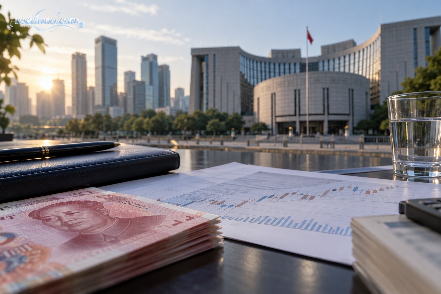 清晨城市金融区前景摆放人民币、市场图表与办公用品的财经场景
