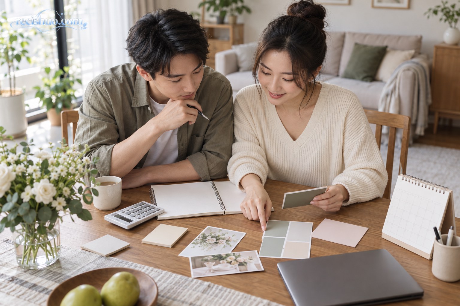 年轻情侣在家中餐桌前共同规划简约婚礼