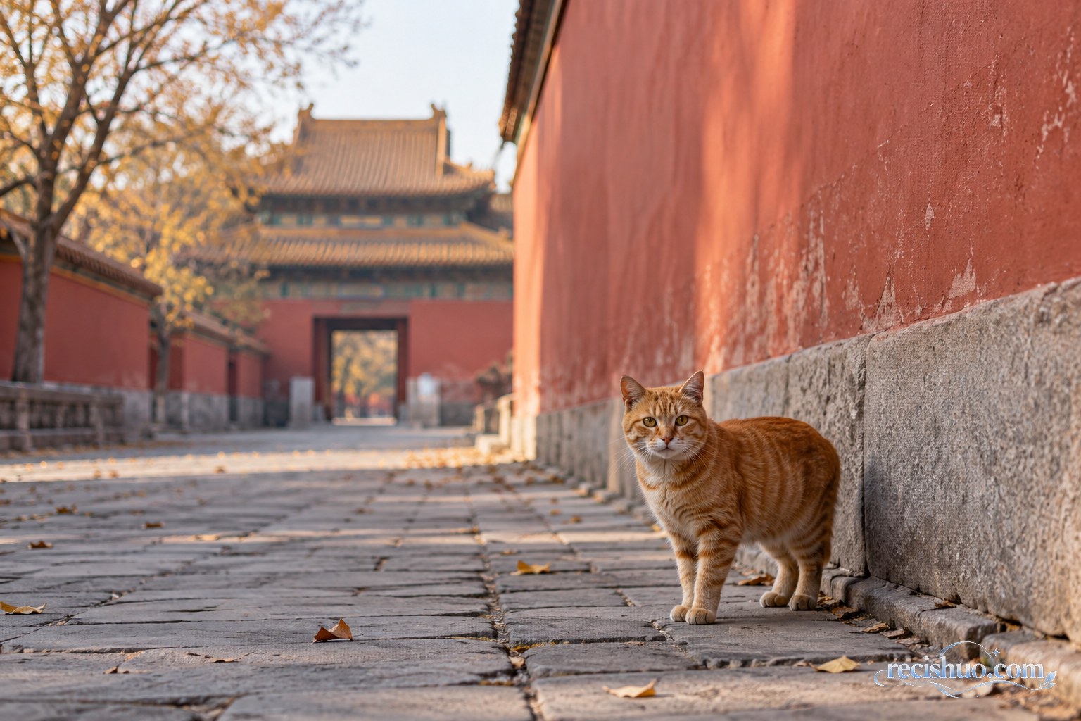 深秋晨光中,一只橘猫站在红墙与灰色石路旁