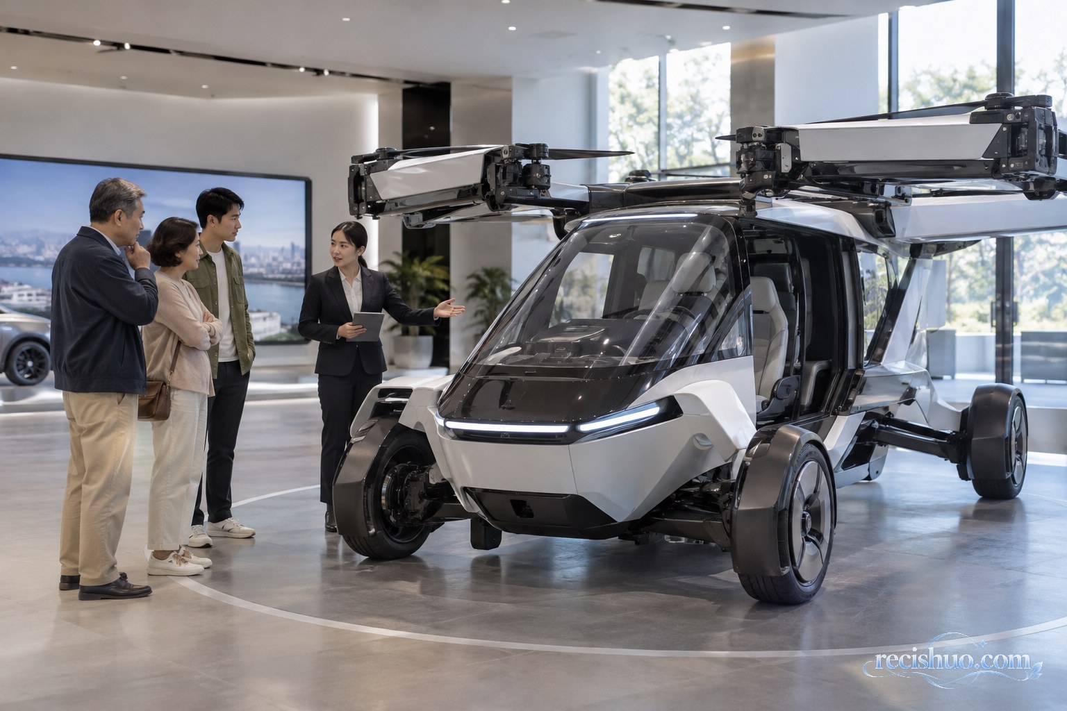 一家人在展厅听取陆空两用交通工具的功能介绍