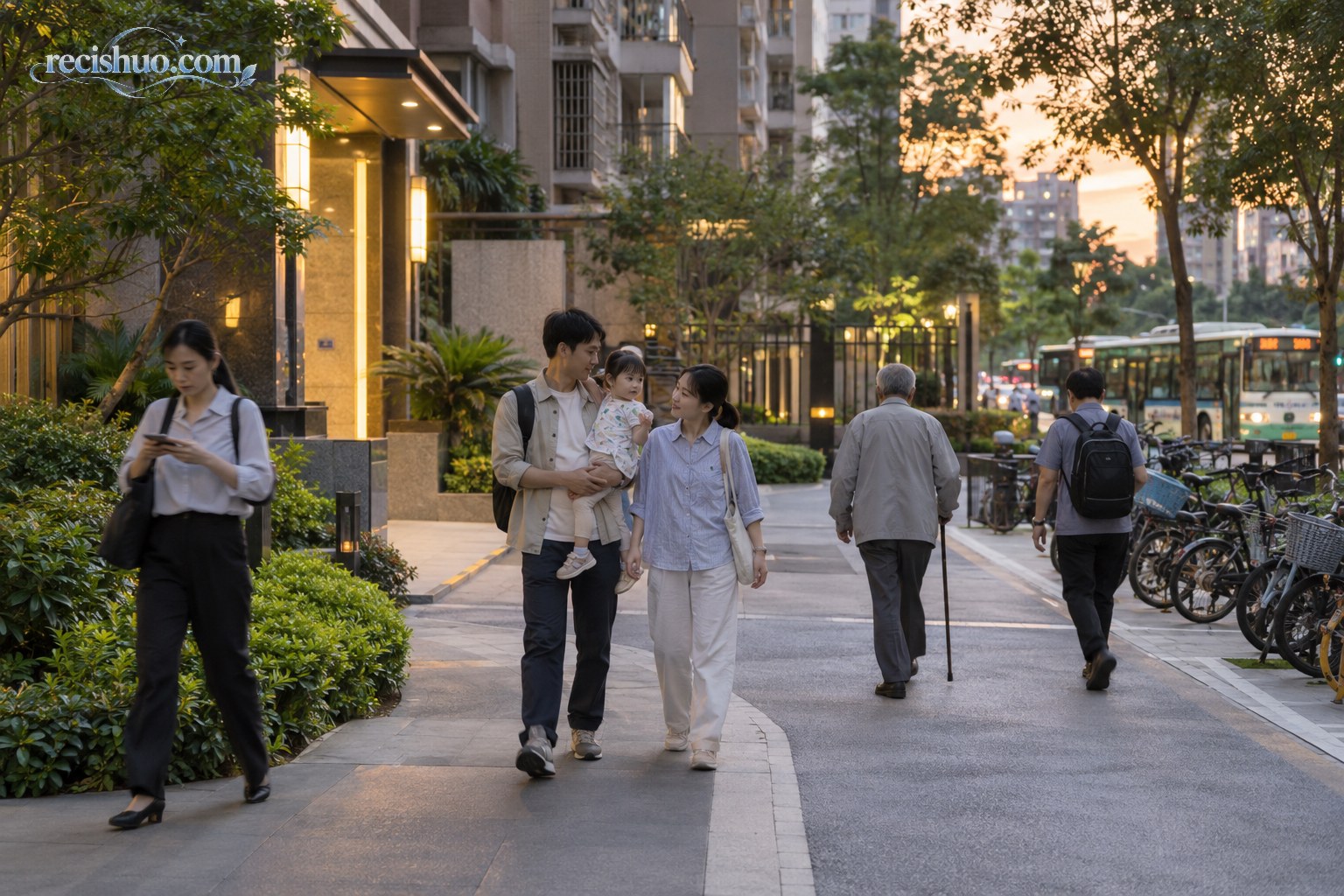 不同年龄居民傍晚走在城市住宅社区步道上