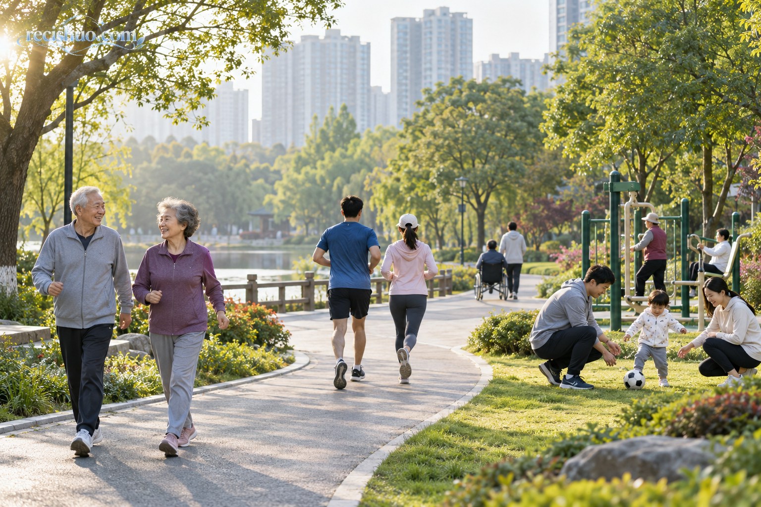 清晨的城市社区公园里,不同年龄居民进行健步走、慢跑和亲子活动
