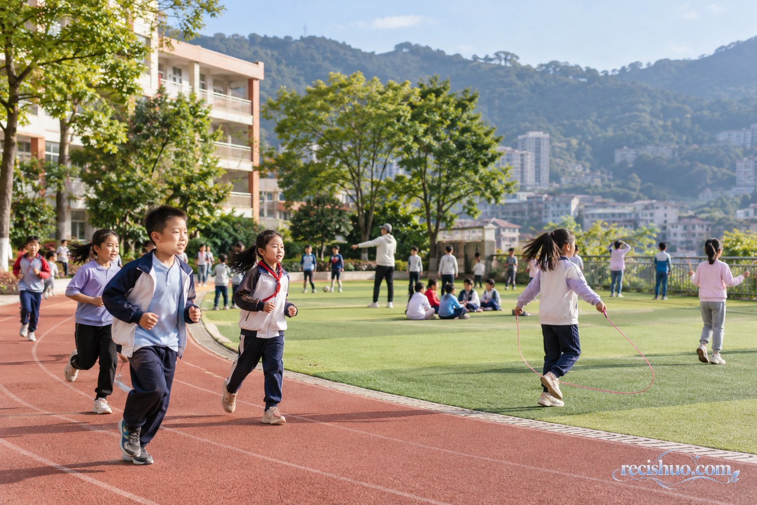 小学生在绿树环绕的校园操场上跑步、跳绳和远眺