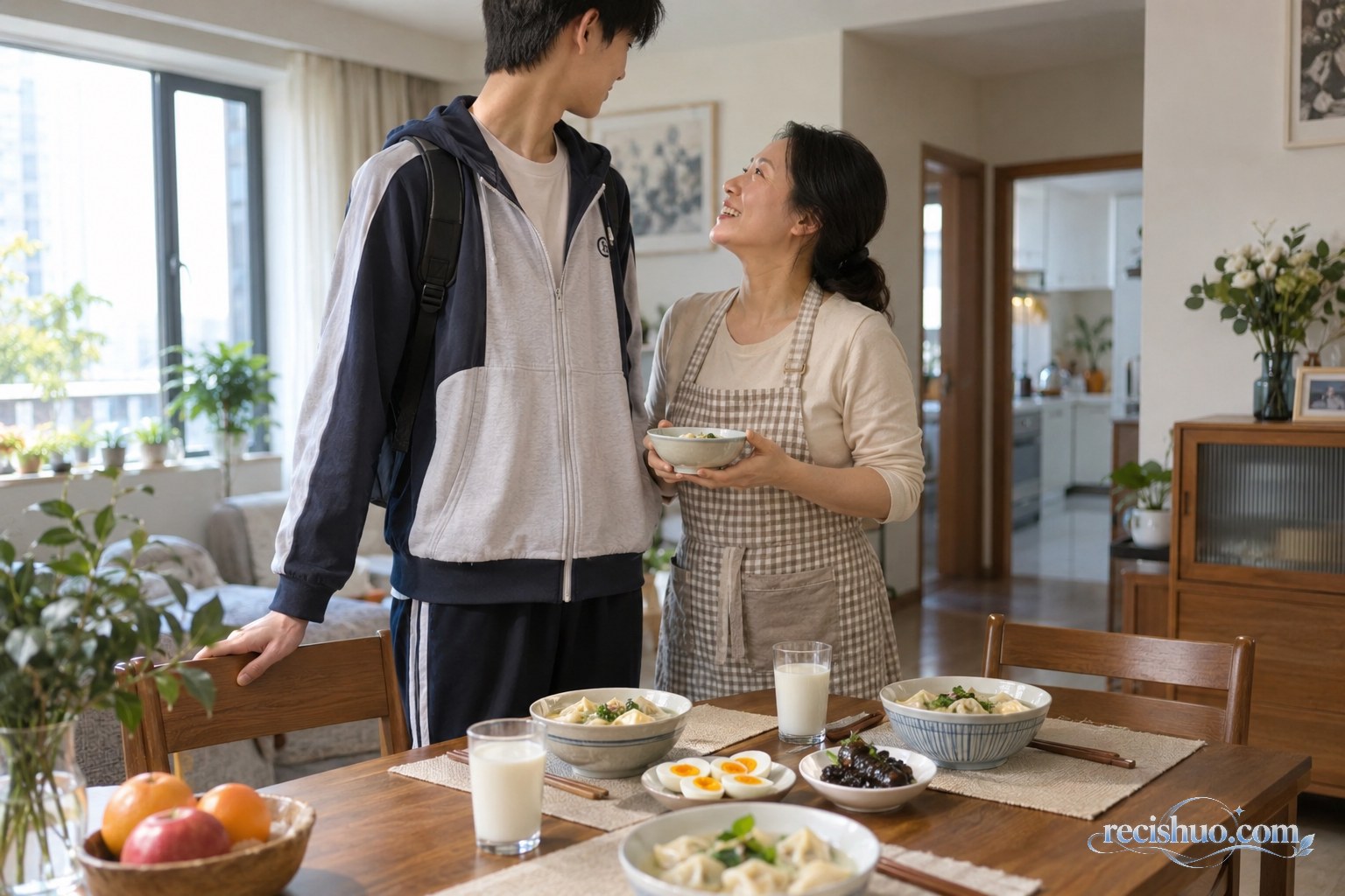 身材高挑的少年与母亲站在摆有馄饨、鸡蛋和牛奶的早餐桌旁