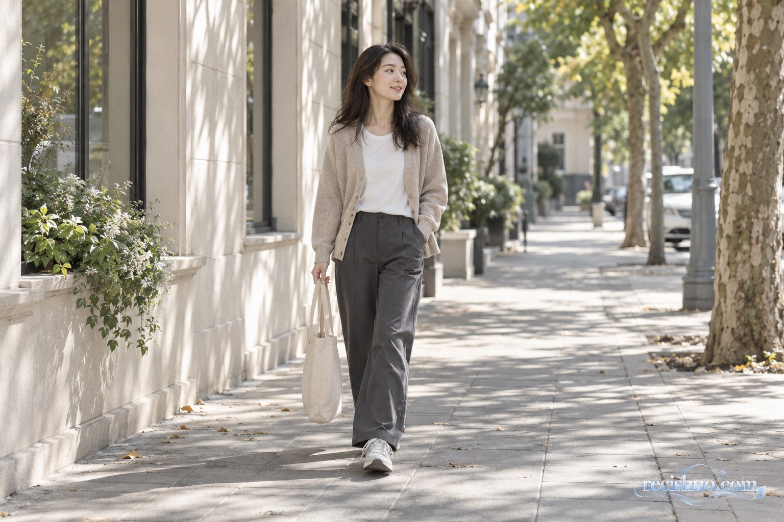 穿燕麦色针织开衫和深灰直筒裤的女性走在初秋街道上