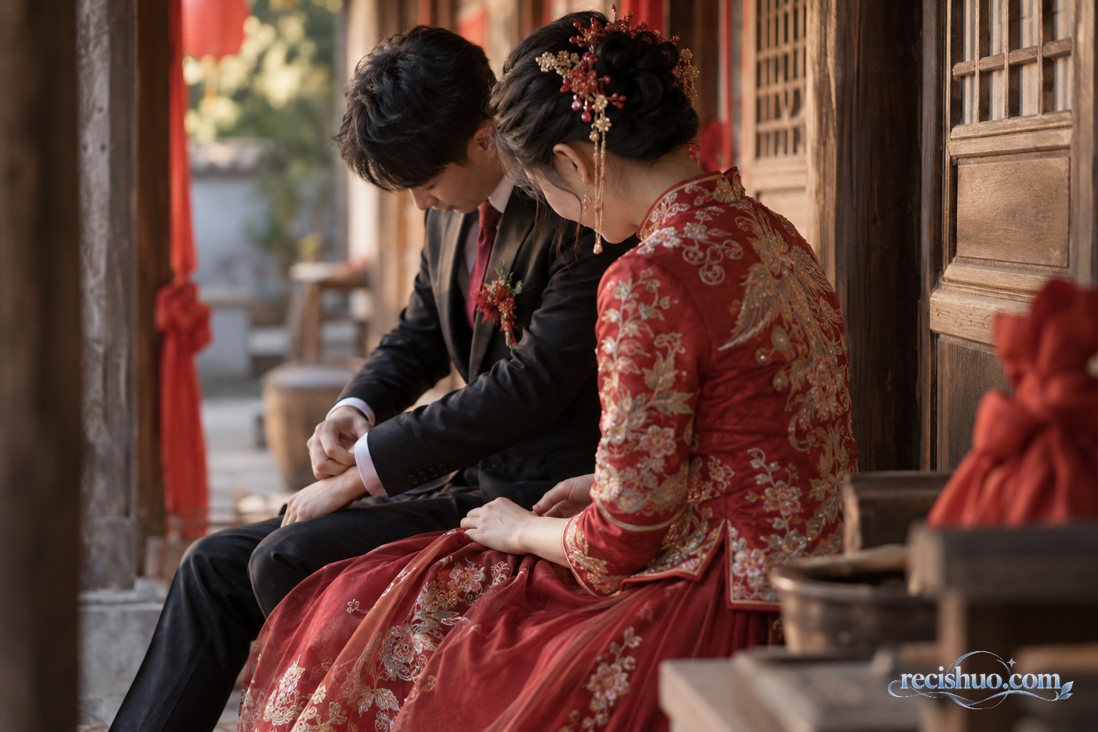 婚礼结束后新婚夫妻并肩坐在老宅走廊整理袖口和裙摆
