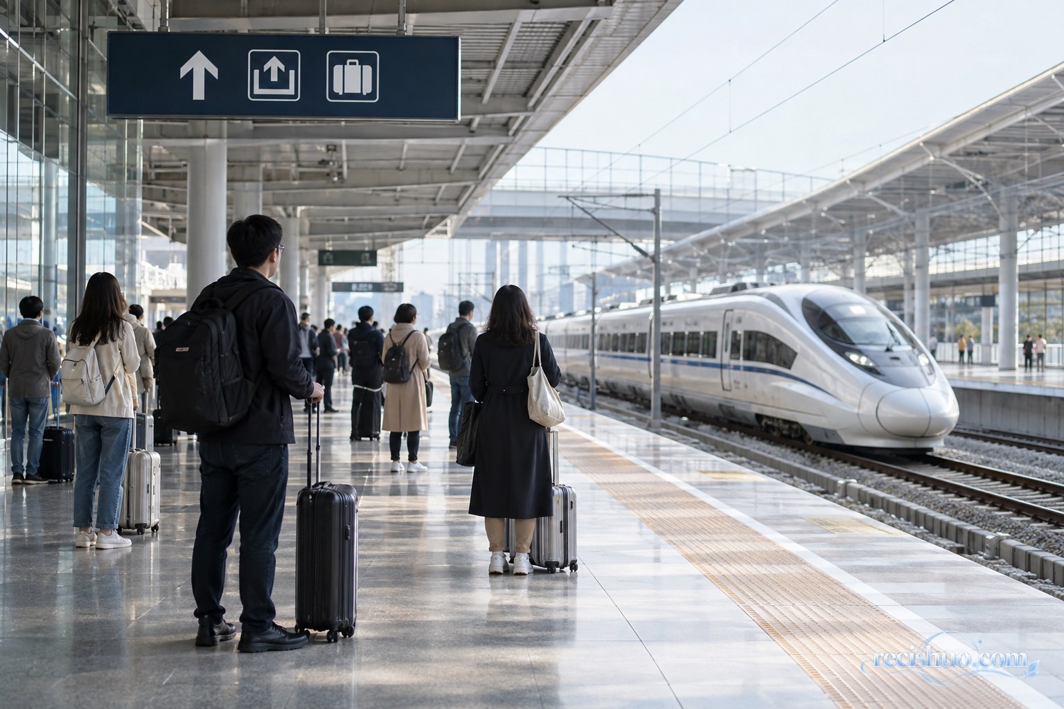 旅客在现代铁路站台候车,一列动车组列车停靠在旁