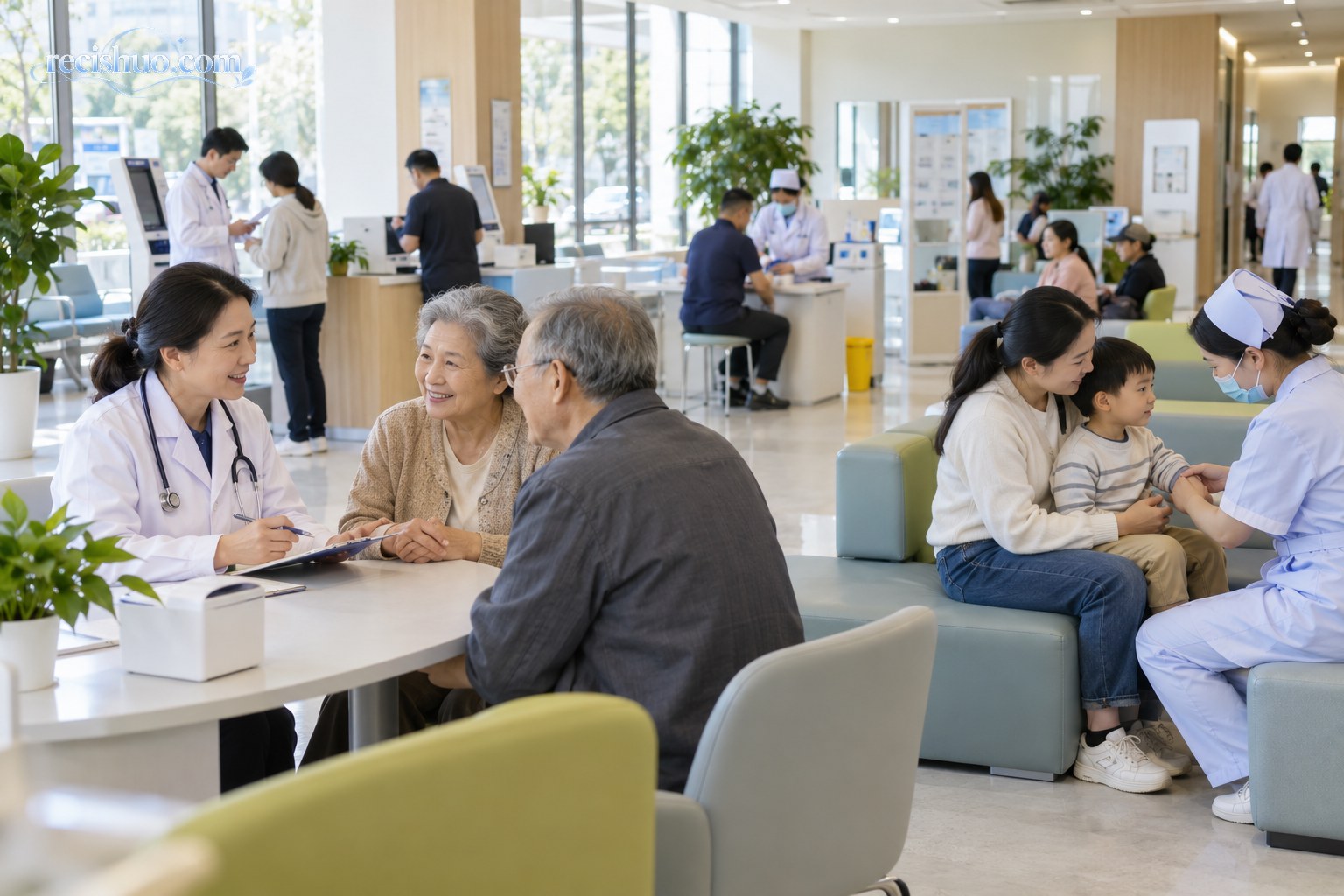 现代社区健康服务中心内,医护人员为老人和儿童家庭提供健康咨询