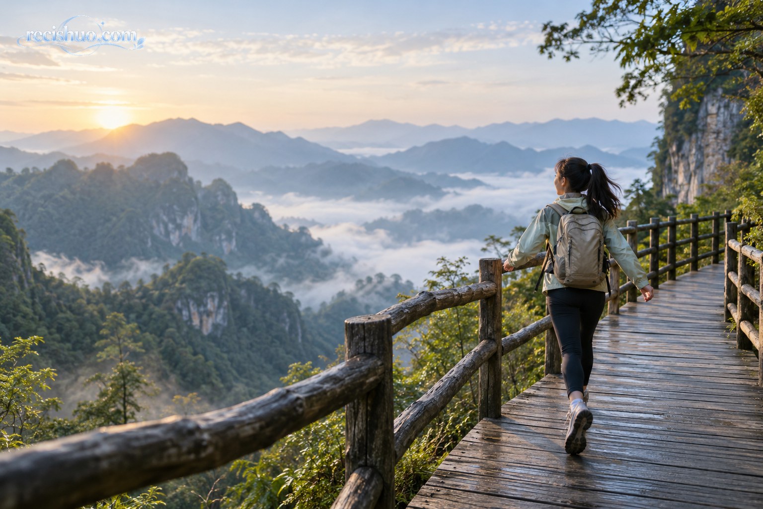 清晨山水景区内,一名游客沿木质观景步道轻快前行