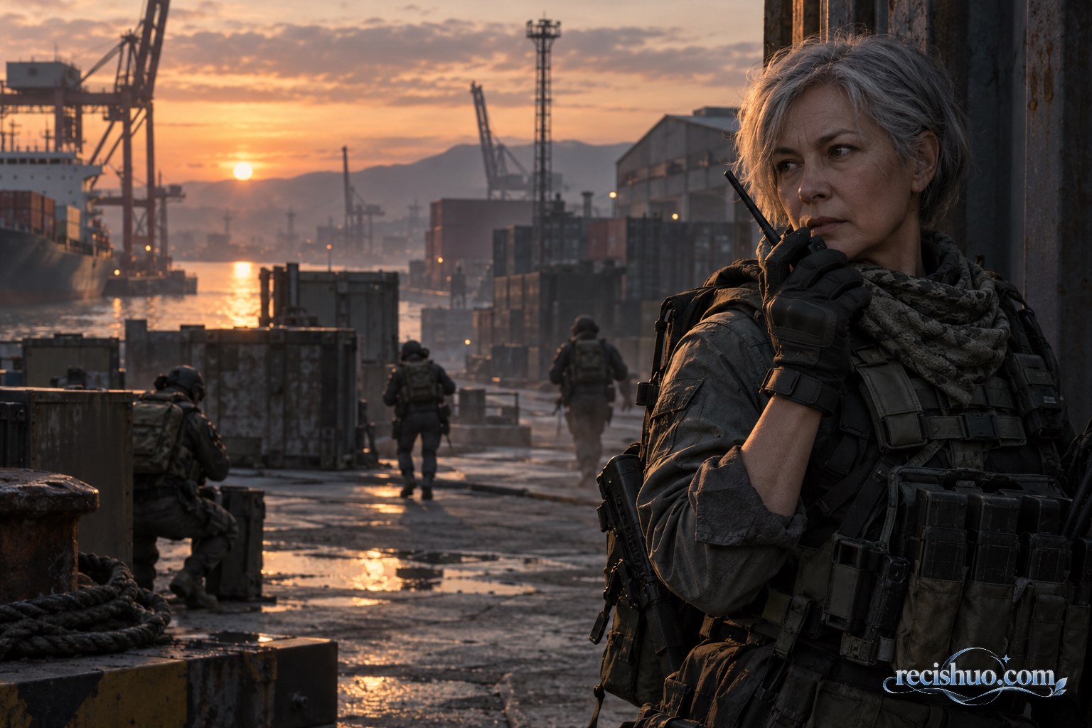 黄昏港口中手持无线电观察战场的银发女性战术角色