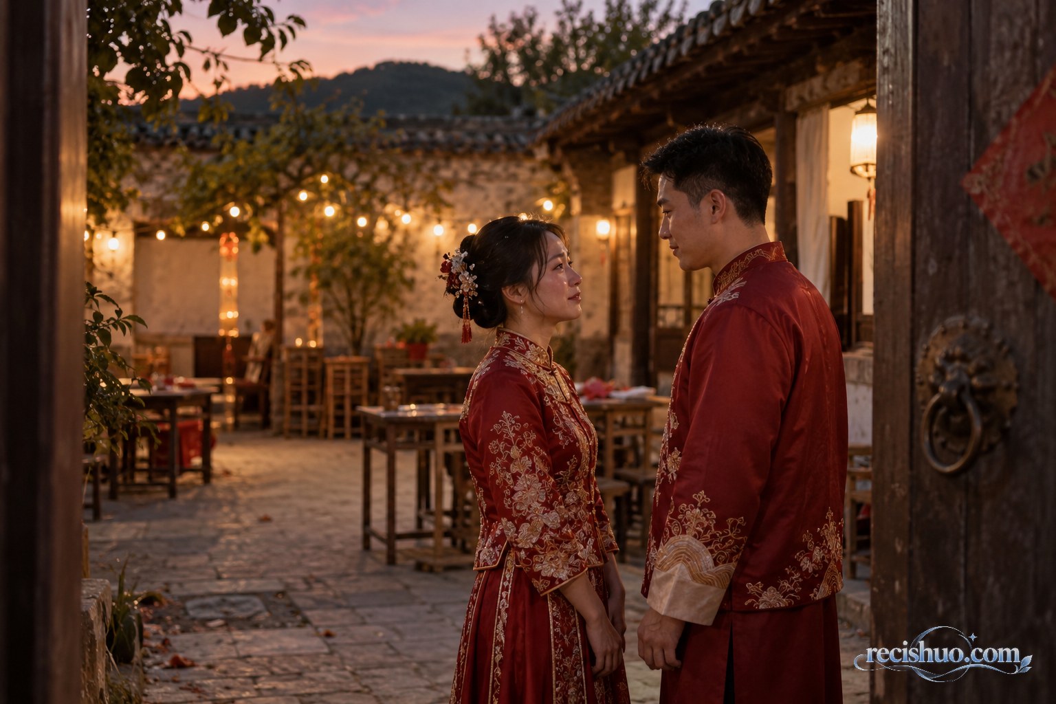 老宅婚宴散场后身着中式礼服的新婚夫妻在暮色中安静对视
