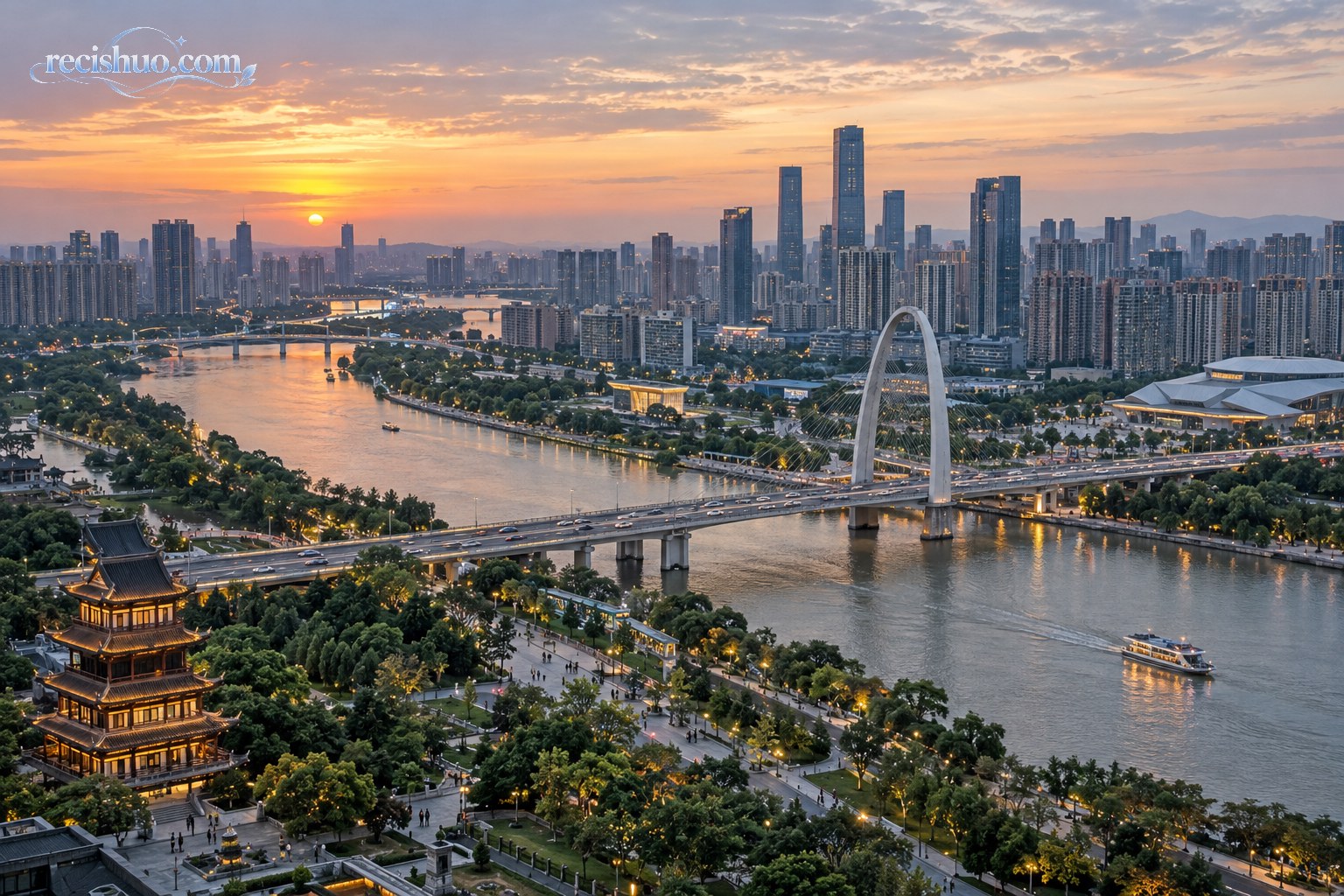夕阳下河流、桥梁与现代建筑交织的珠三角城市全景