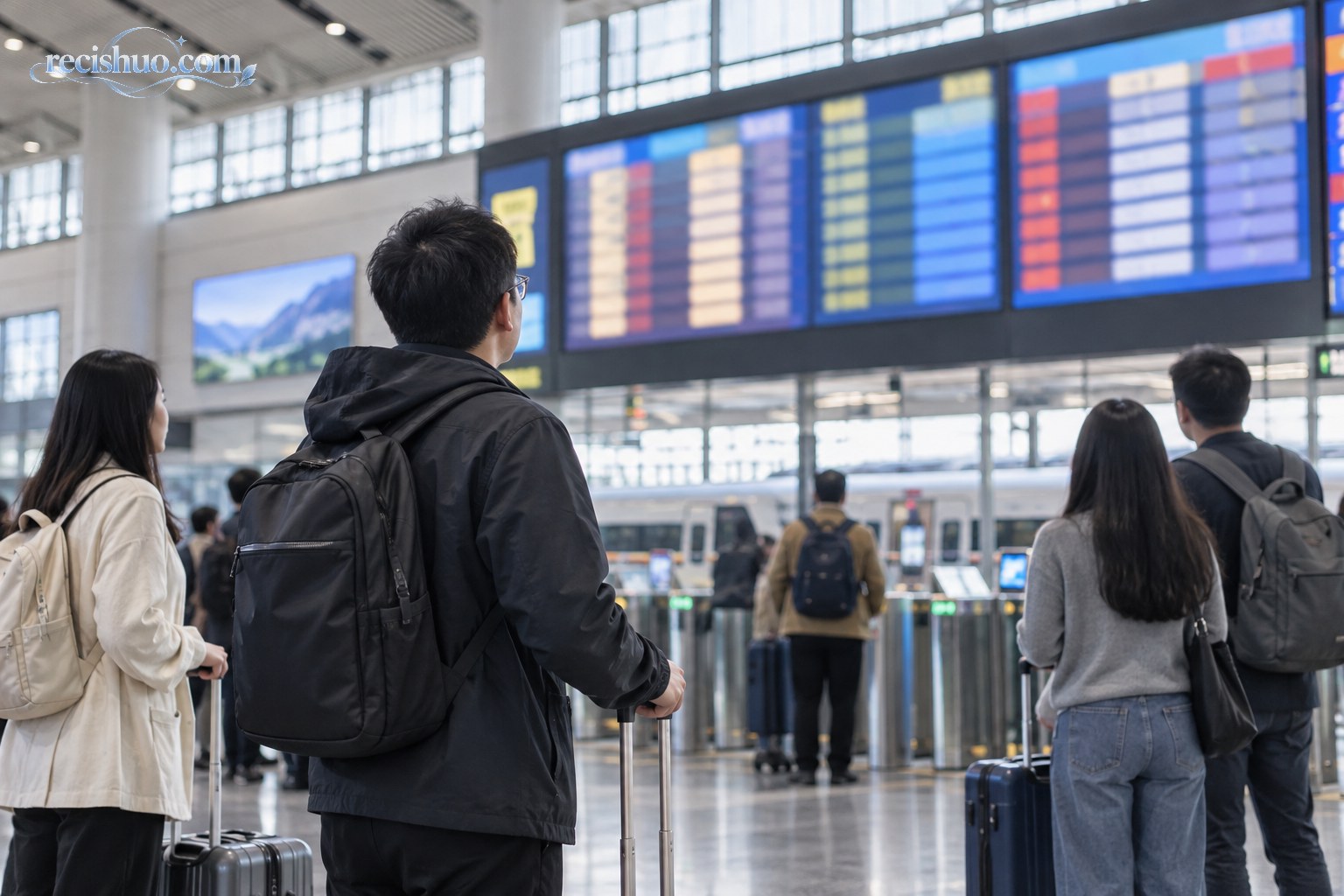 旅客在铁路车站候车大厅查看列车信息屏
