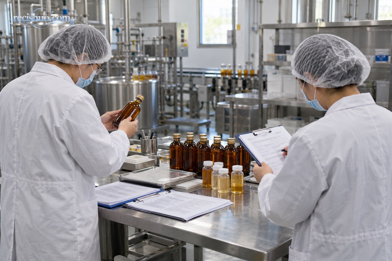 检查人员在饮品生产车间核对瓶装样品与生产记录