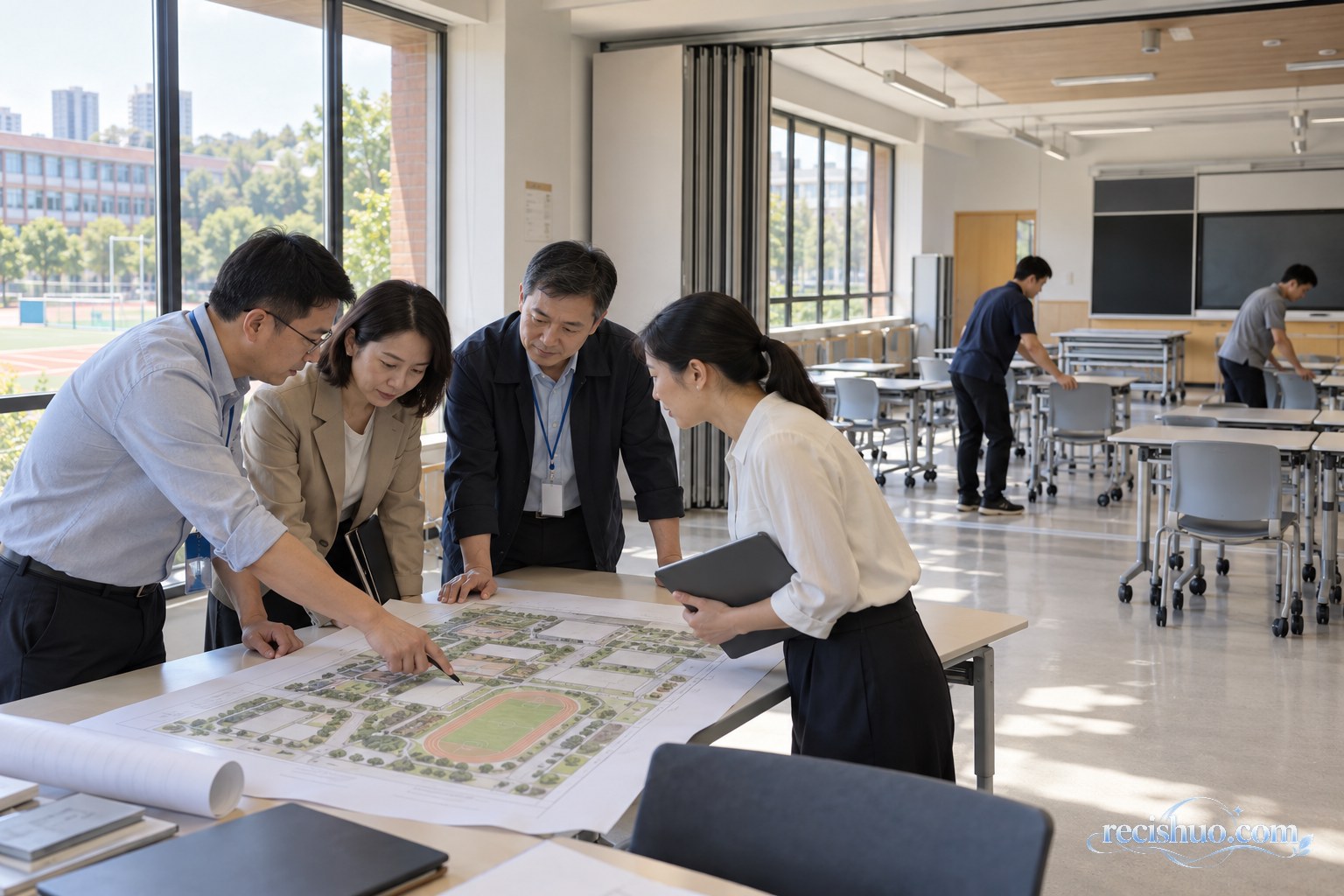 学校管理人员在可灵活调整的教室内研究校园空间规划