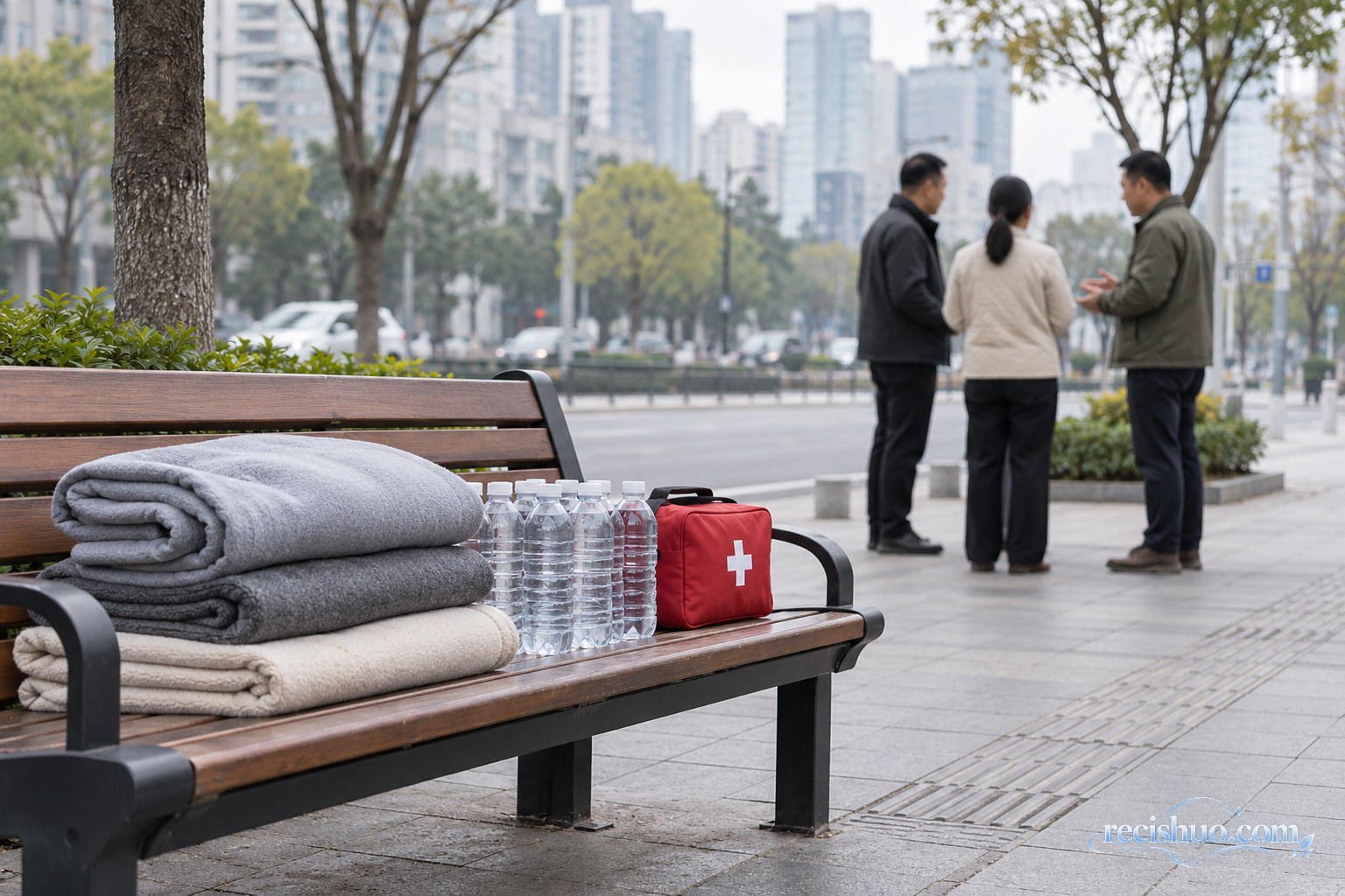城市街边长椅上备有毛毯、饮用水和急救包,远处工作人员正在沟通救助安排