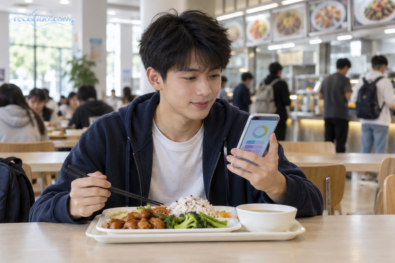 大学生在校园食堂用餐时查看手机中的预算情况