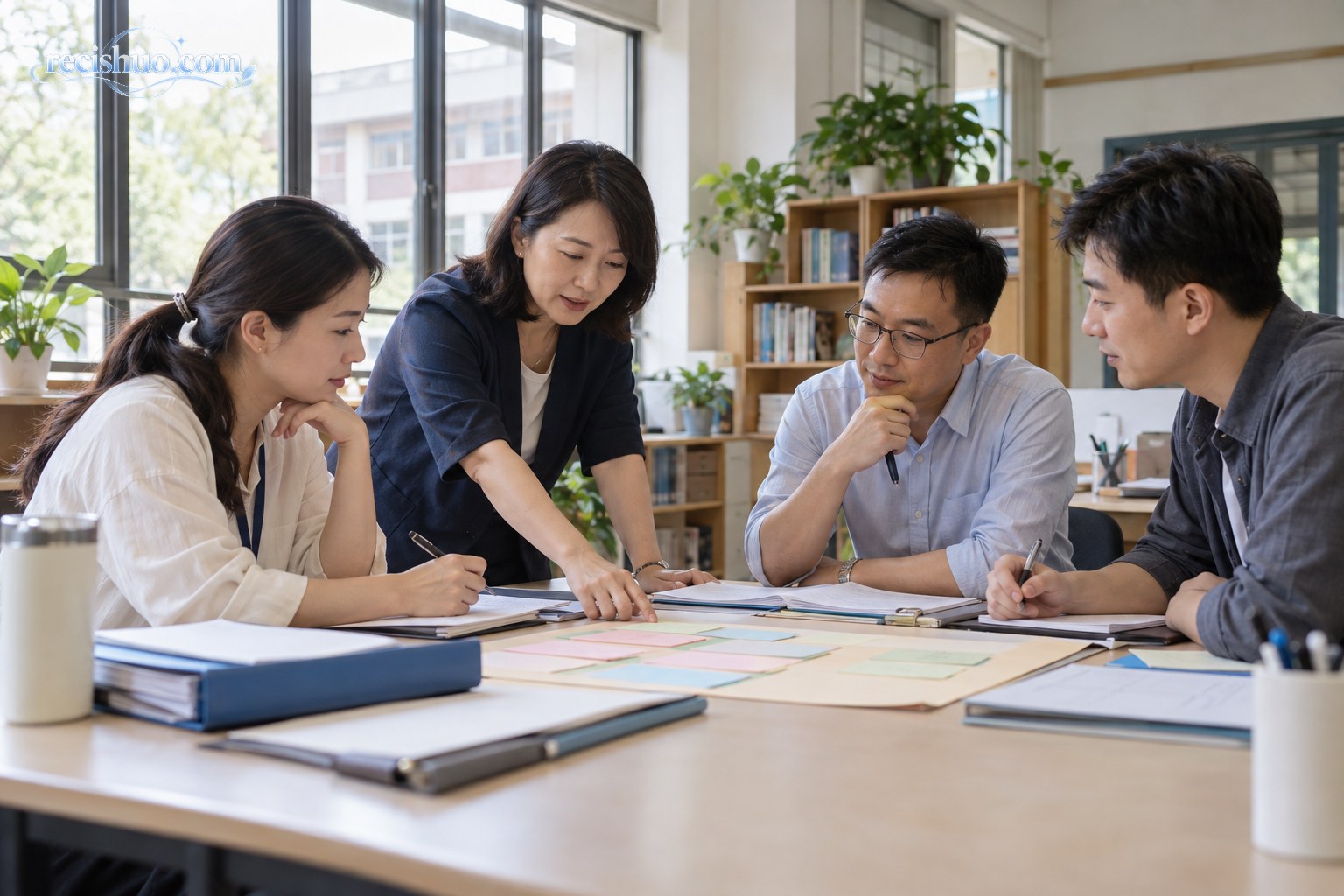 傍晚的中学办公室里,一位班主任独自整理作业与班级资料