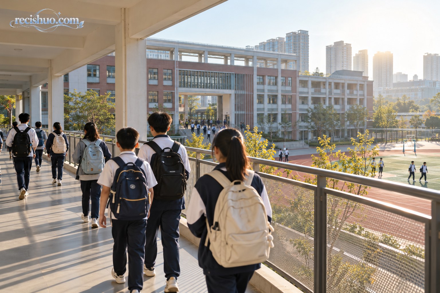 清晨阳光下,中学生背着书包走过城市校园连廊前往教学楼