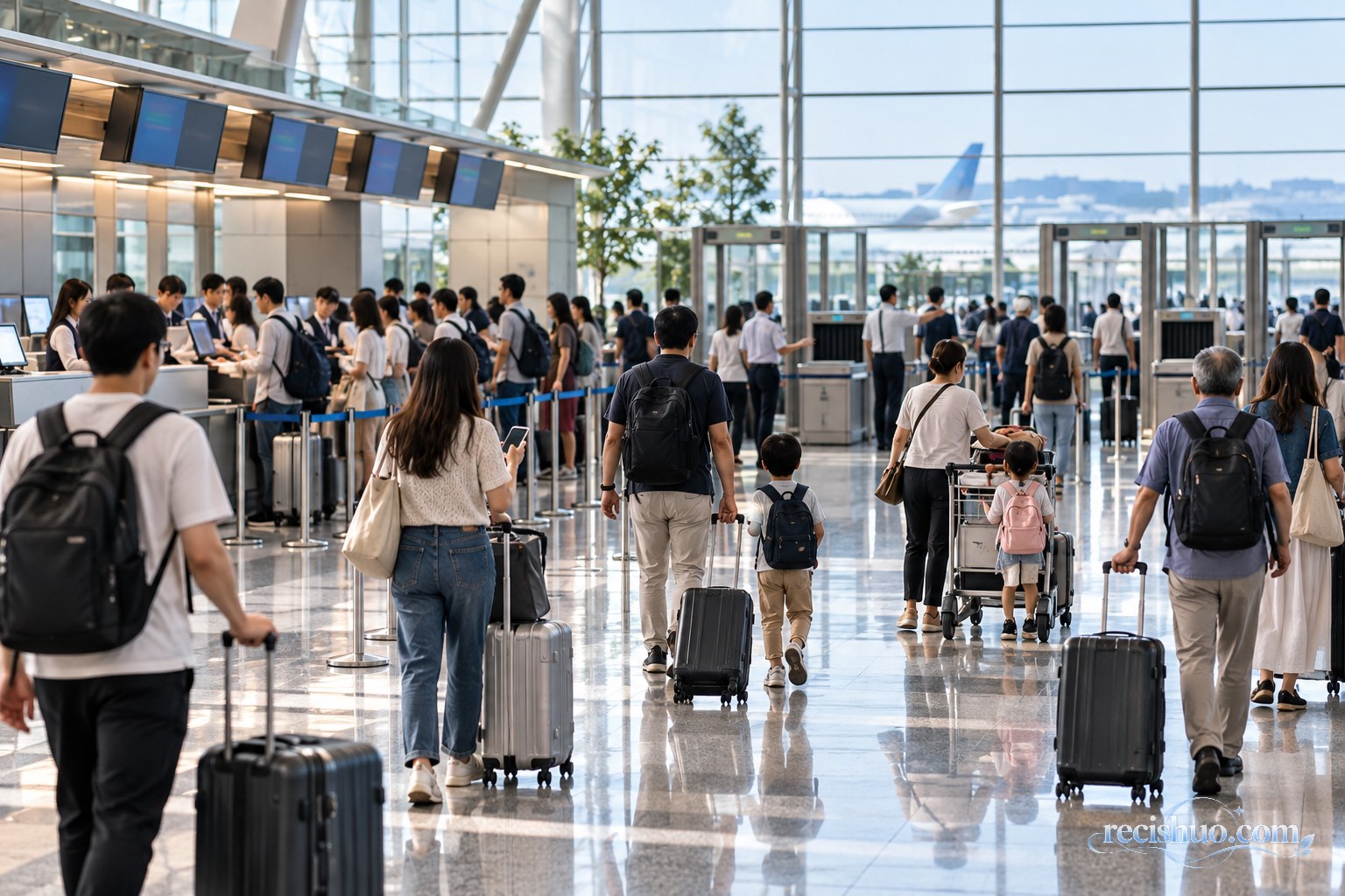 现代机场值机大厅内携带行李有序通行的旅客