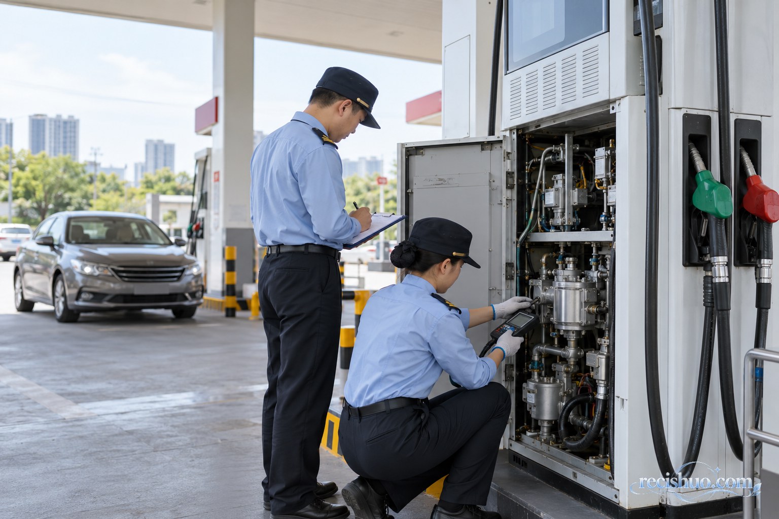 市场监管检查人员在加油站打开加油机面板检查内部计量部件