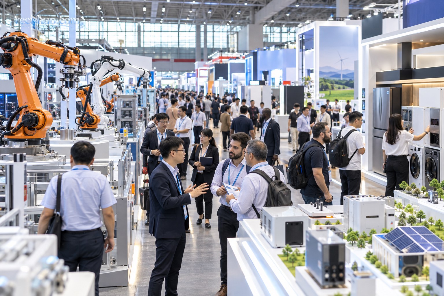 广交会展馆内工业机器人、智能家电等中国制造产品集中展出,采购商穿行交流