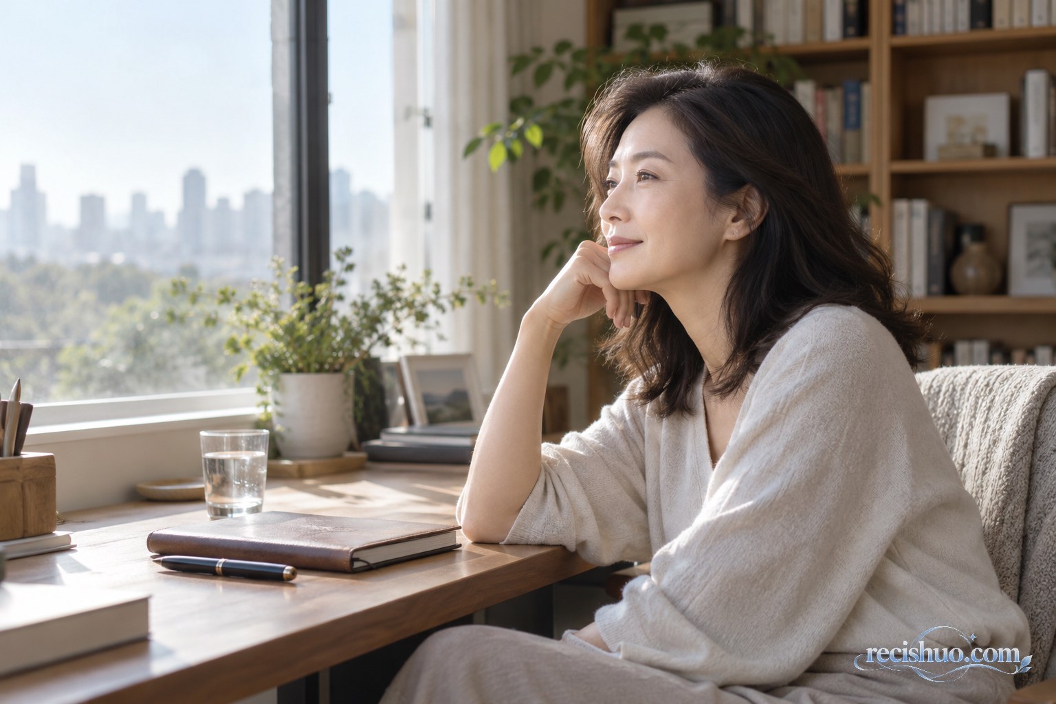 一位成熟女性坐在明亮书房窗边思考未来安排