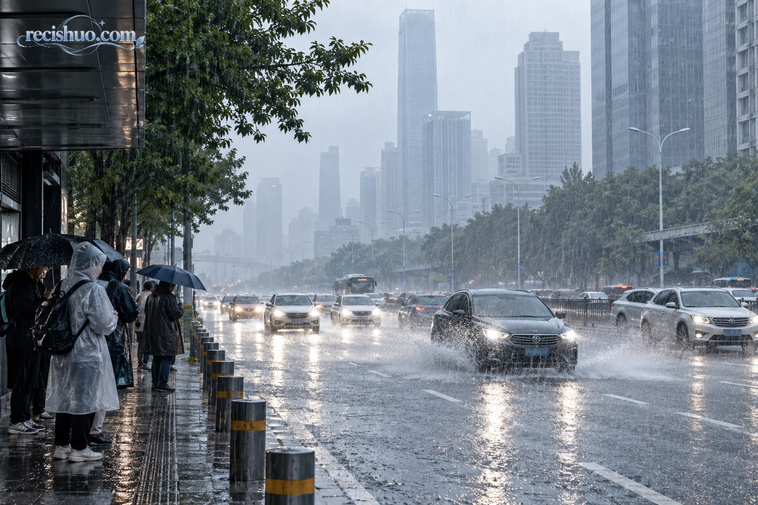 暴雨中的城市道路车辆缓慢通行,行人在有遮蔽的人行道旁等候