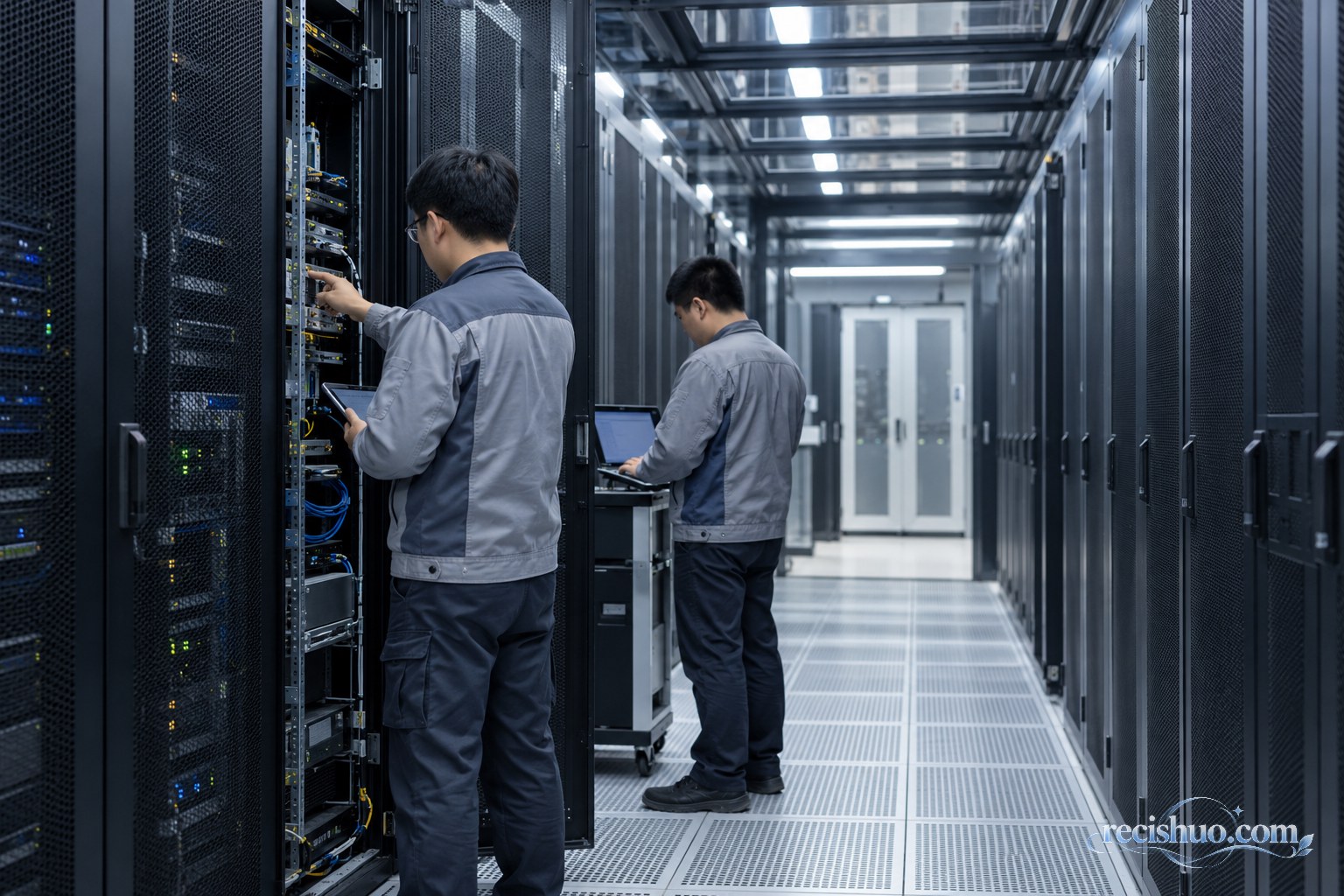 两名工程技术人员在数据中心机房内检查服务器设备