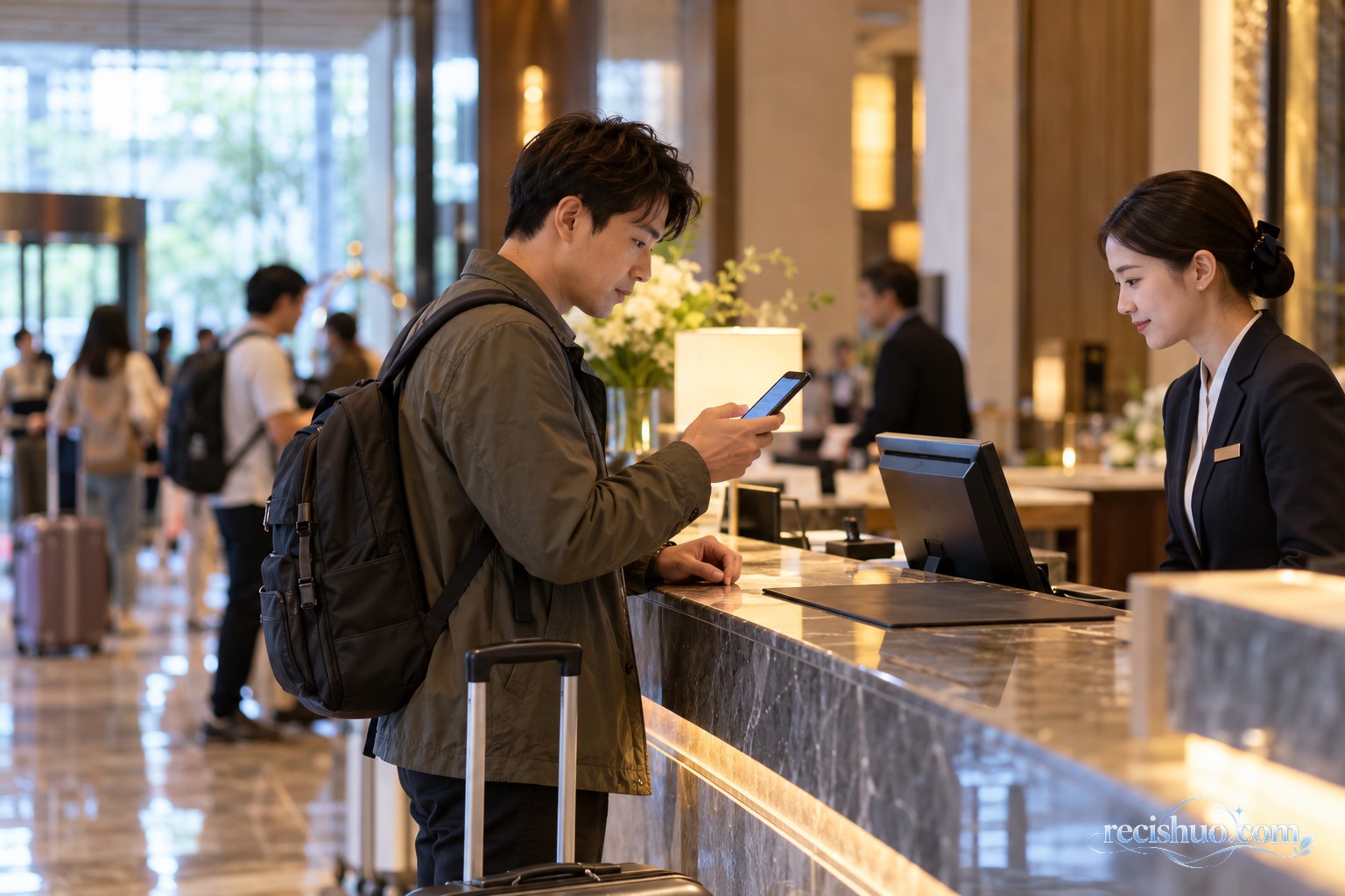 旅客在现代酒店前台查看手机预订价格并与工作人员沟通