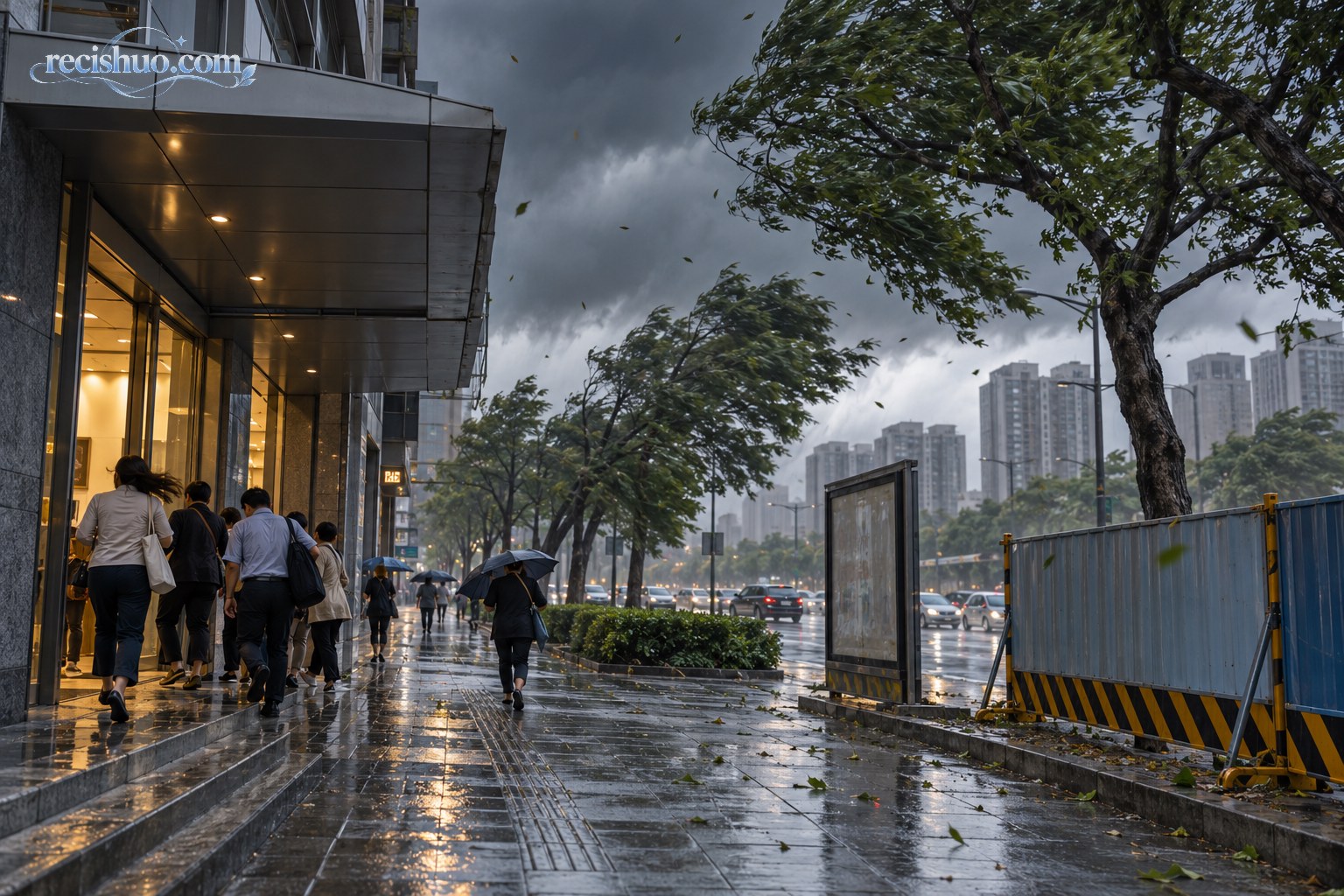 大风降雨到来时行人避开树木和临时设施进入坚固建筑