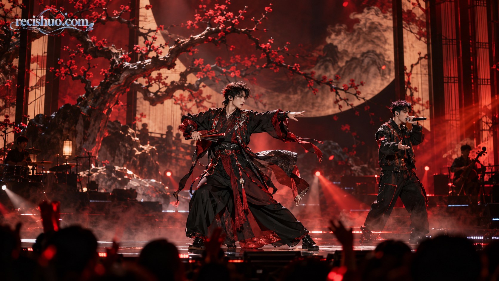 红梅舞美中两位青年表演者融合戏曲身段与现代演唱的舞台场景